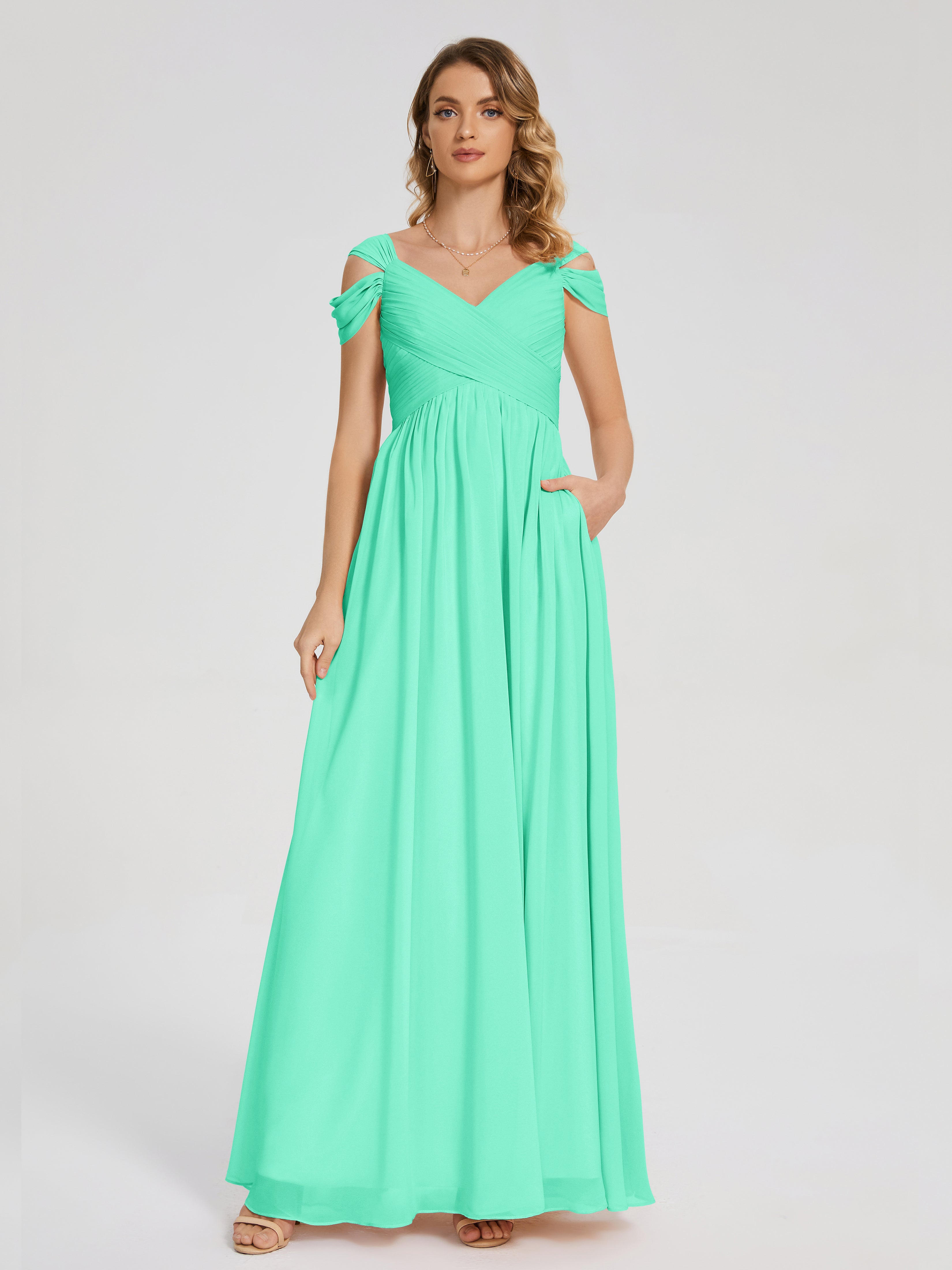 Robe Demoiselle D Honneur Bleu Turquoise Fendue Col V Dos En V Mousseline Robes Demoiselle D'Honneur