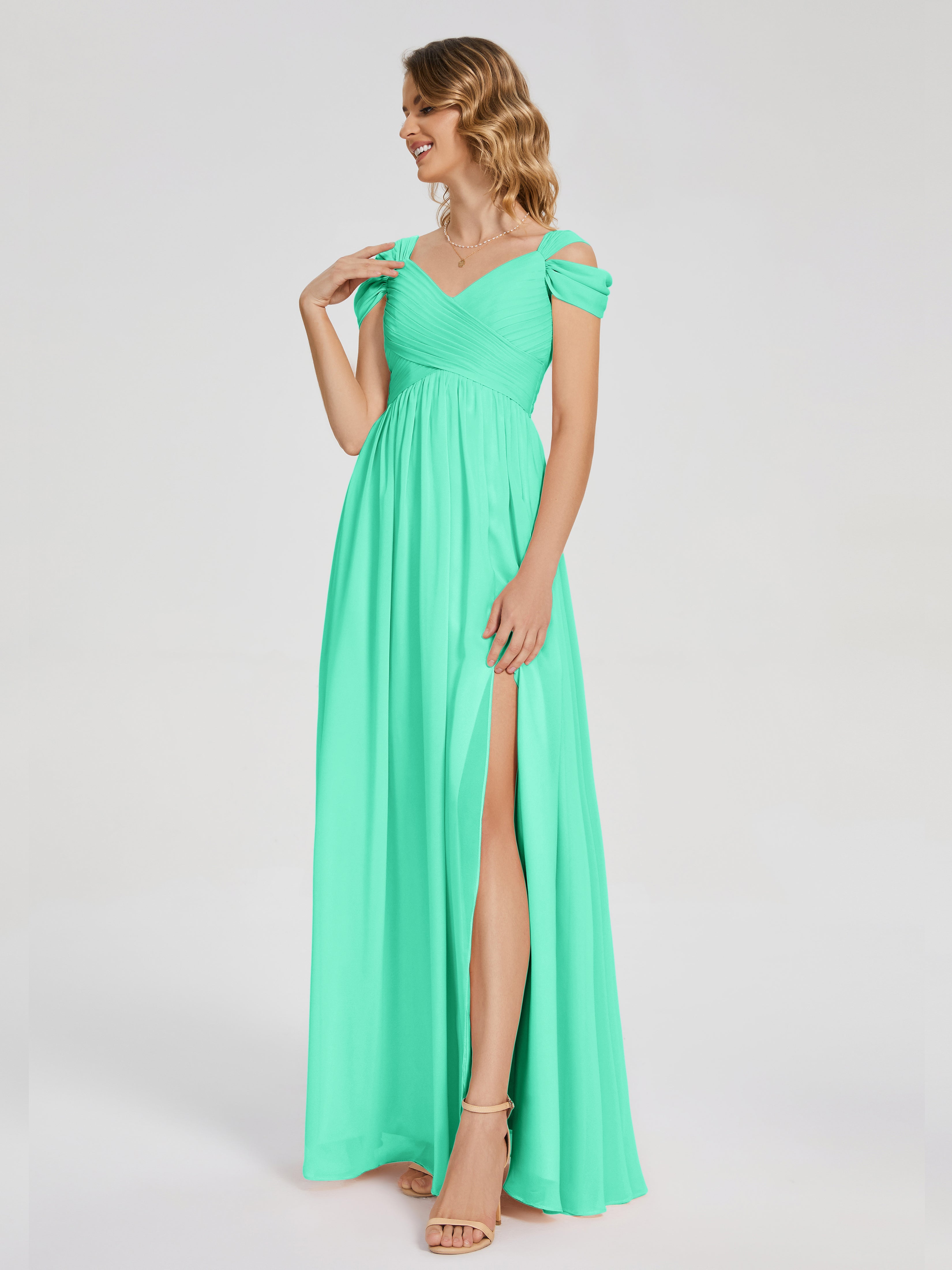 Robe Demoiselle D Honneur Bleu Turquoise Fendue Col V Dos En V Mousseline Robes Demoiselle D'Honneur