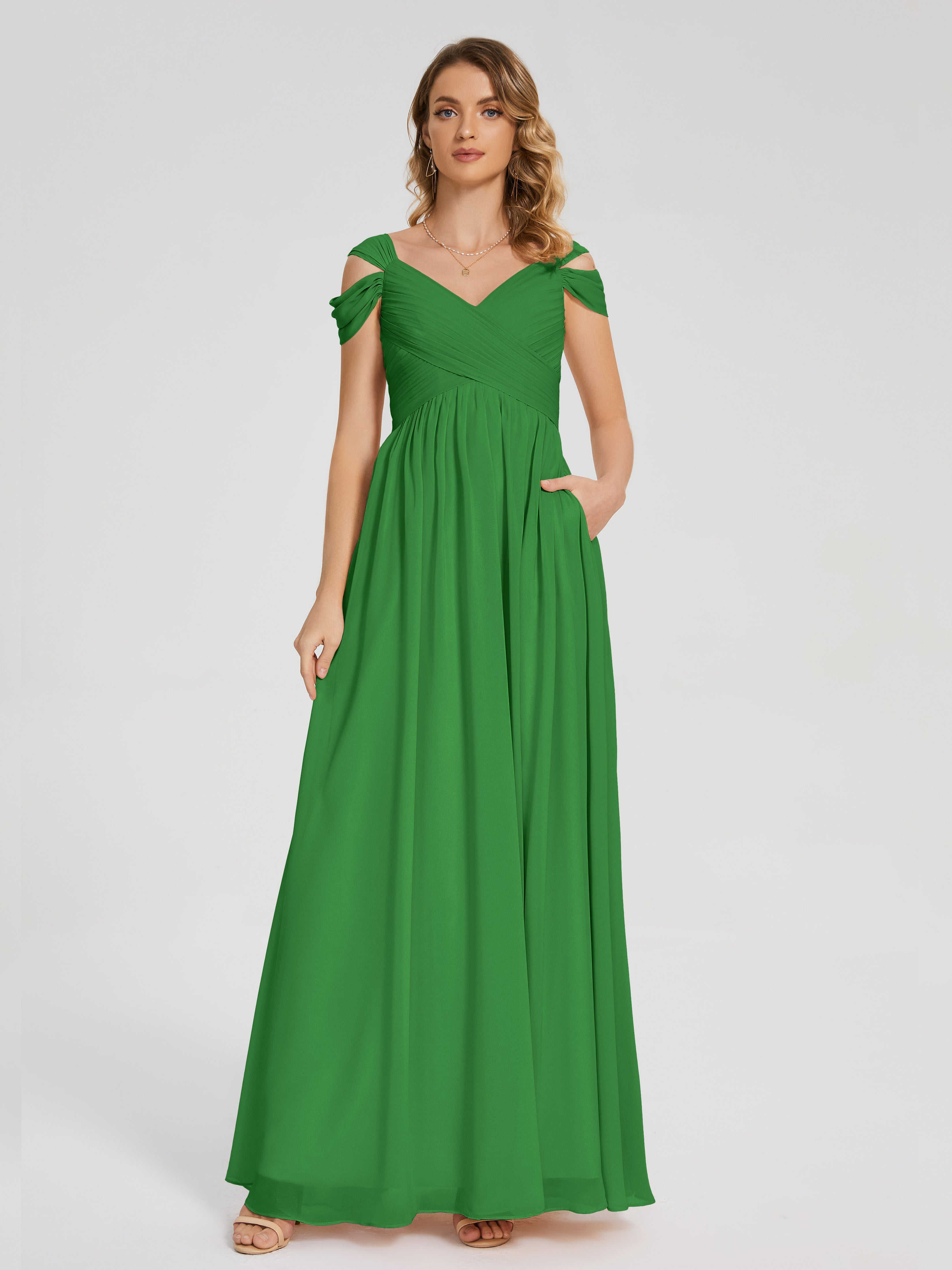 Robe Demoiselle D Honneur Vert Fendue Col V Dos En V Mousseline Robes Demoiselle D'Honneur