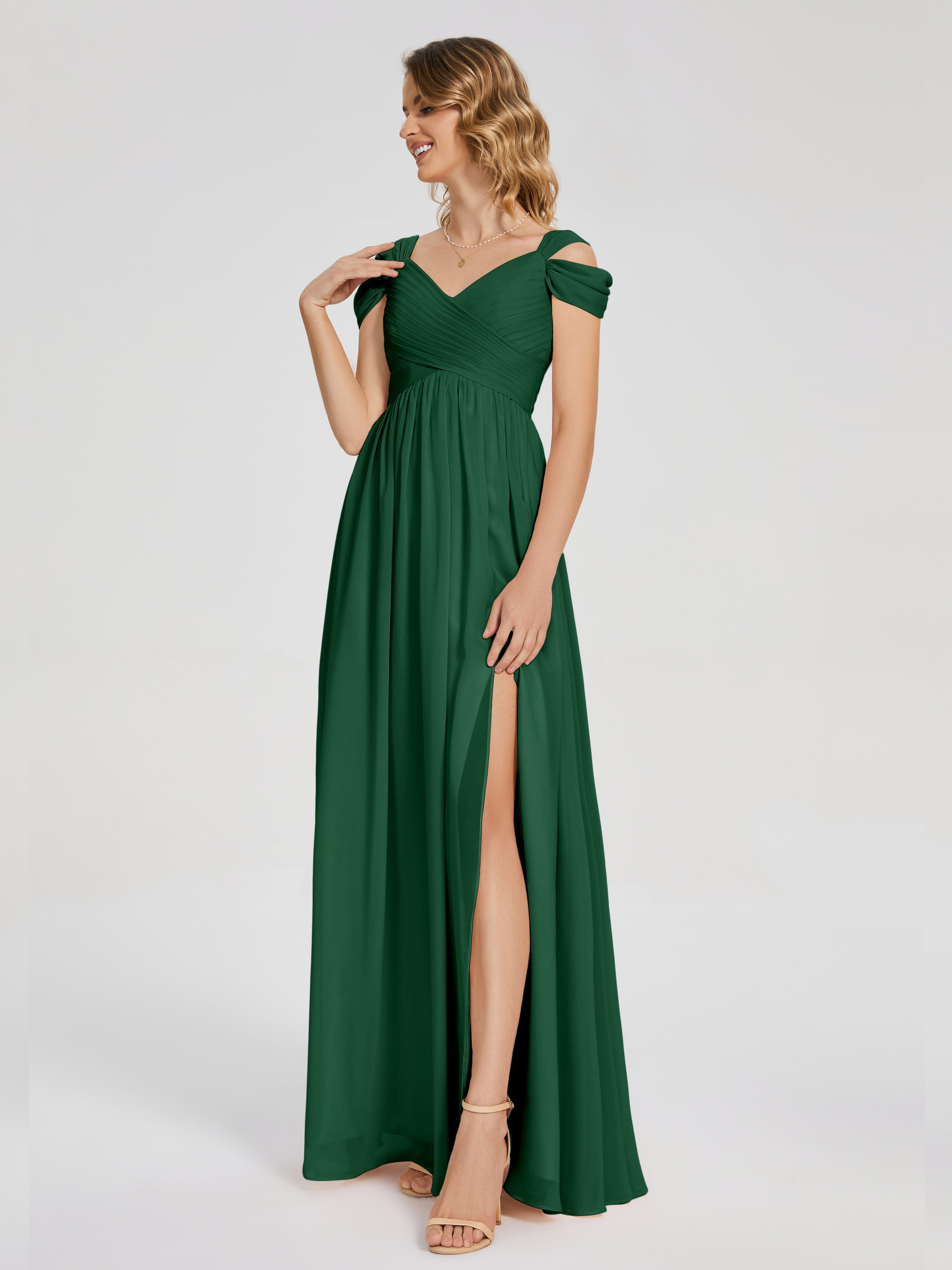 Demoiselle D'Honneur Vert Foncé Fendue Col V Dos En V Mousseline Robes Demoiselle D'Honneur