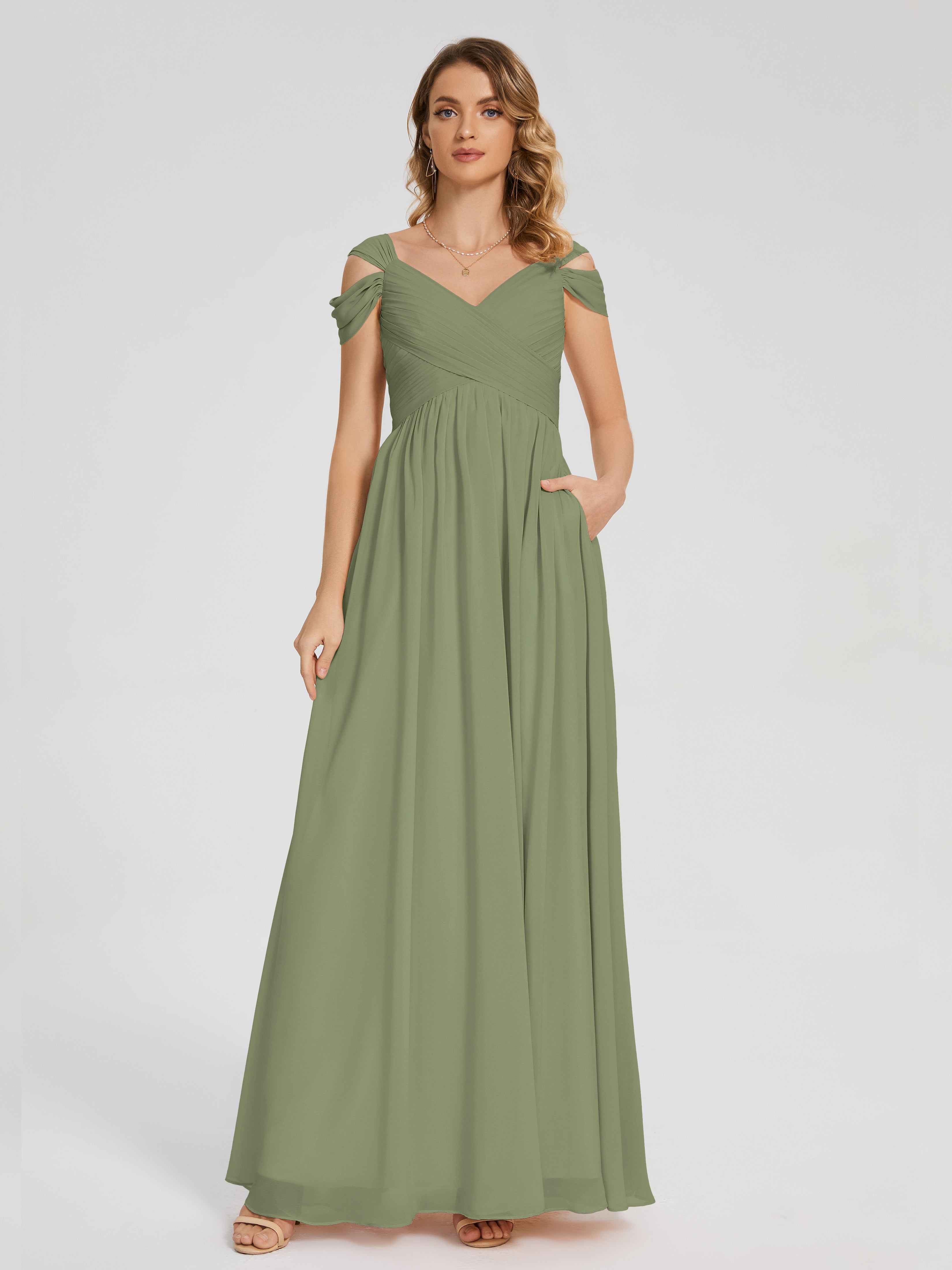 Robes De Demoiselle D'Honneur Vert Olive Clair Fendue Col V Dos En V Mousseline Robes Demoiselle D'Honneur