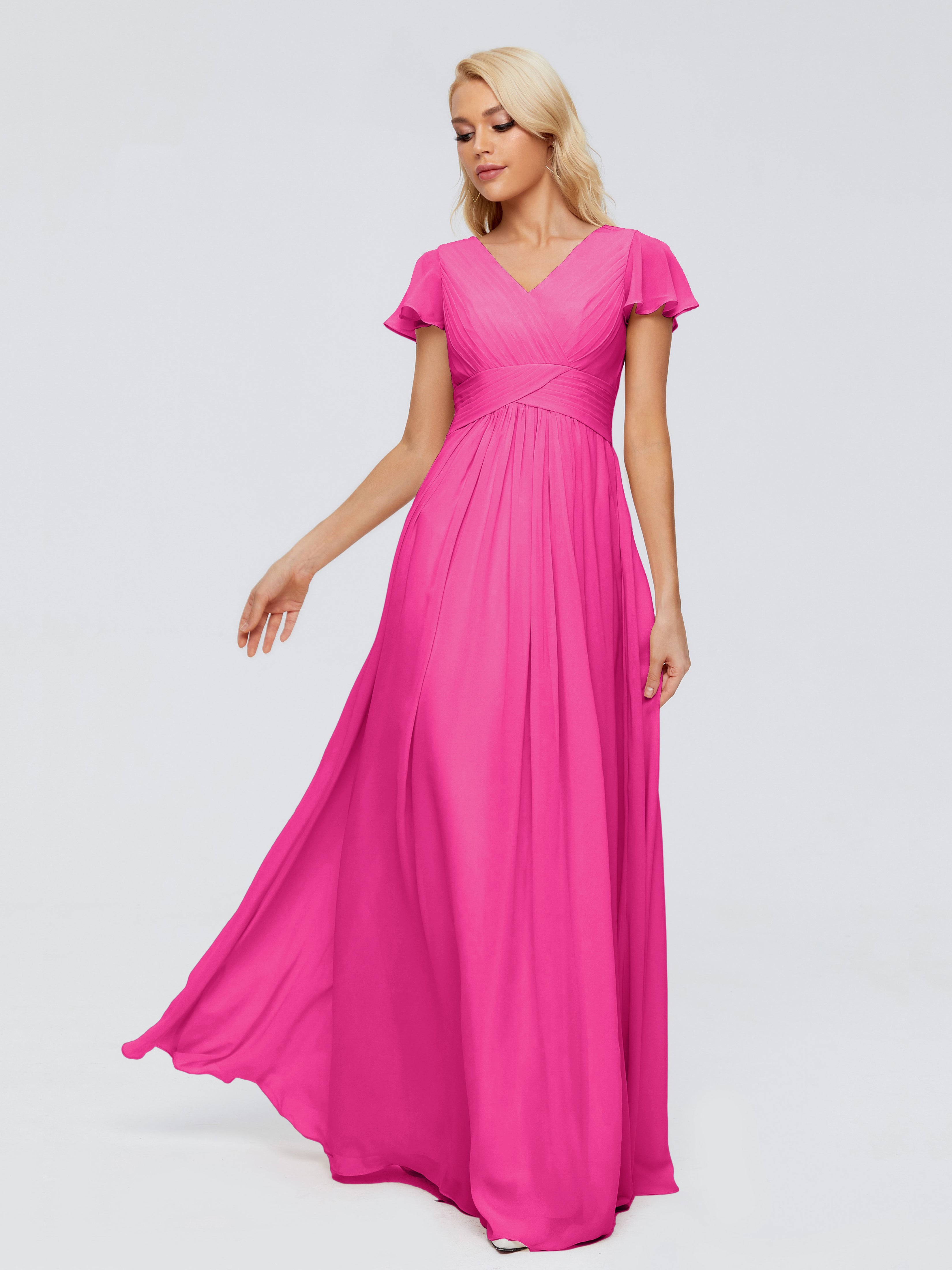 Robe Demoiselle D Honneur Rose Fuchsia Trapèze Col V Mousseline Robes Demoiselle D'Honneur