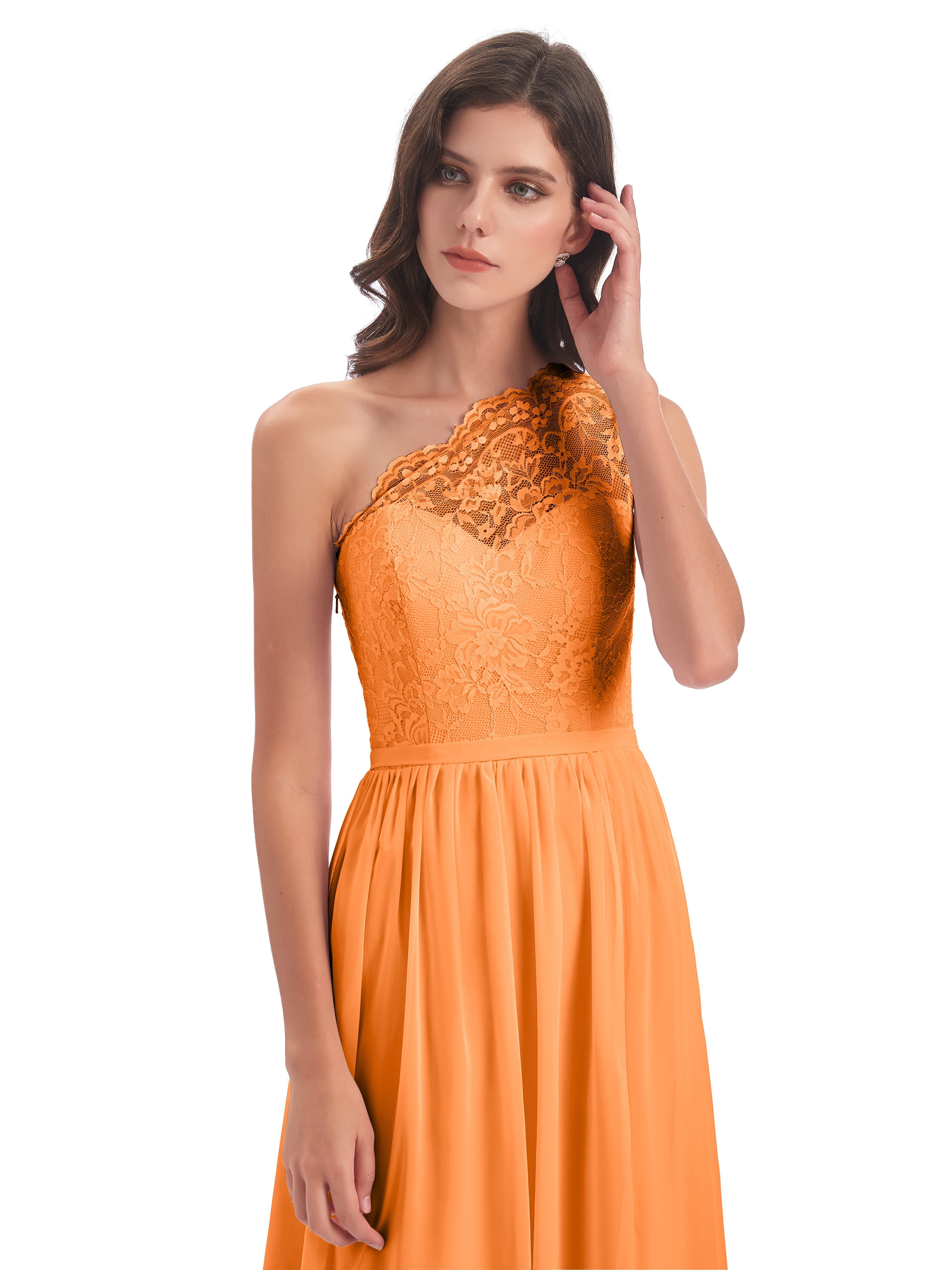 Demoiselle Dhonneur Robe Orange Seule-Épaule Dentelle/Mousseline Fendue Robes Demoiselle D'Honneur