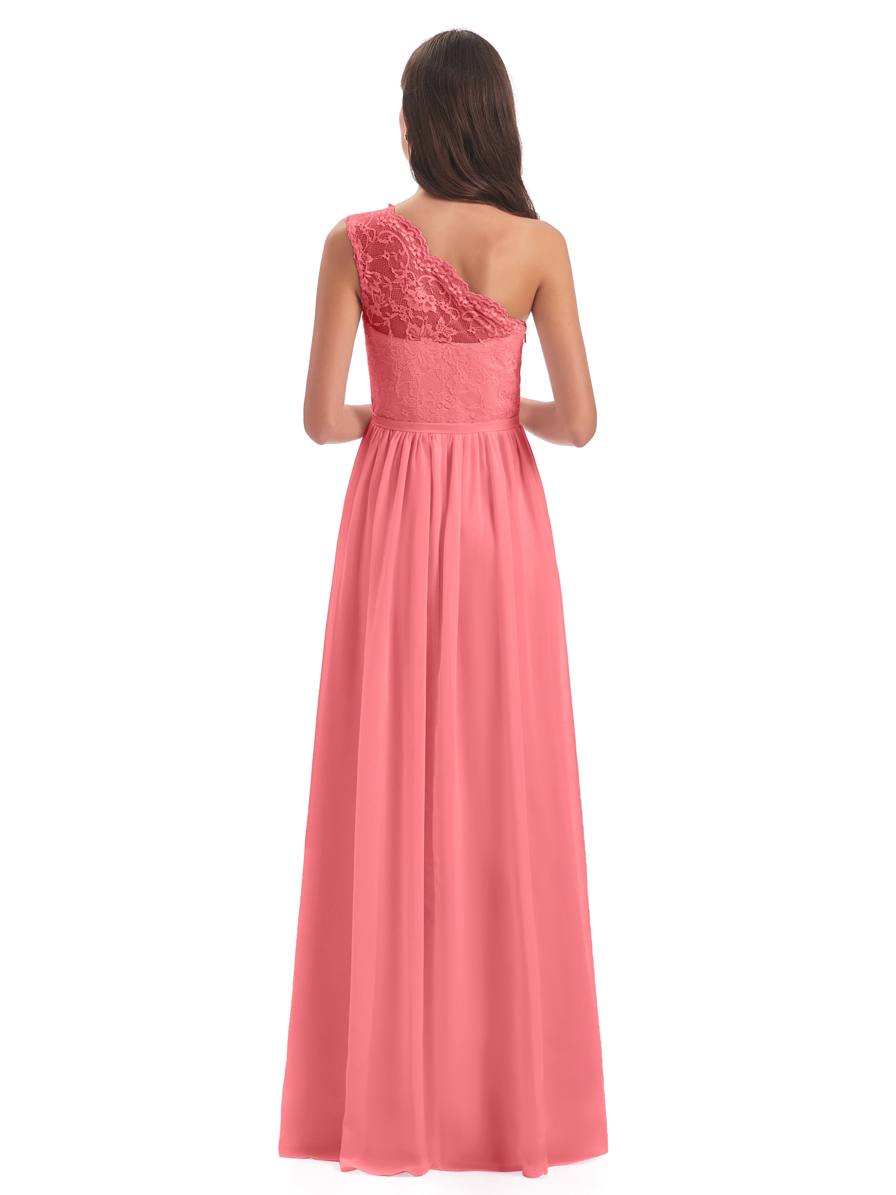 Robes De Demoiselle D'Honneur Pastèque Seule-Épaule Dentelle/Mousseline Fendue Robes Demoiselle D'Honneur