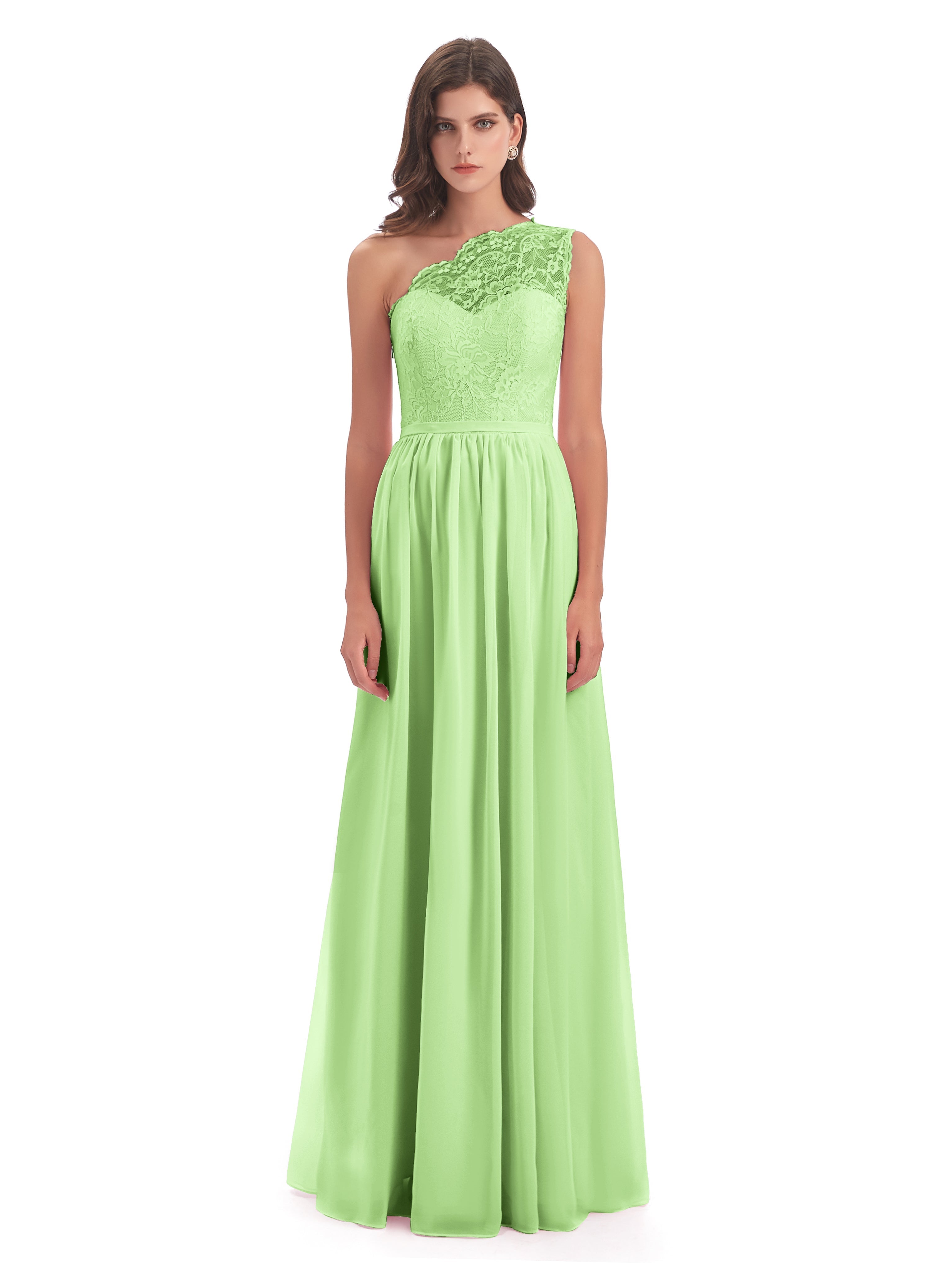 Demoiselle D'Honneur Vert Sauge Seule-Épaule Dentelle/Mousseline Fendue Robes Demoiselle D'Honneur