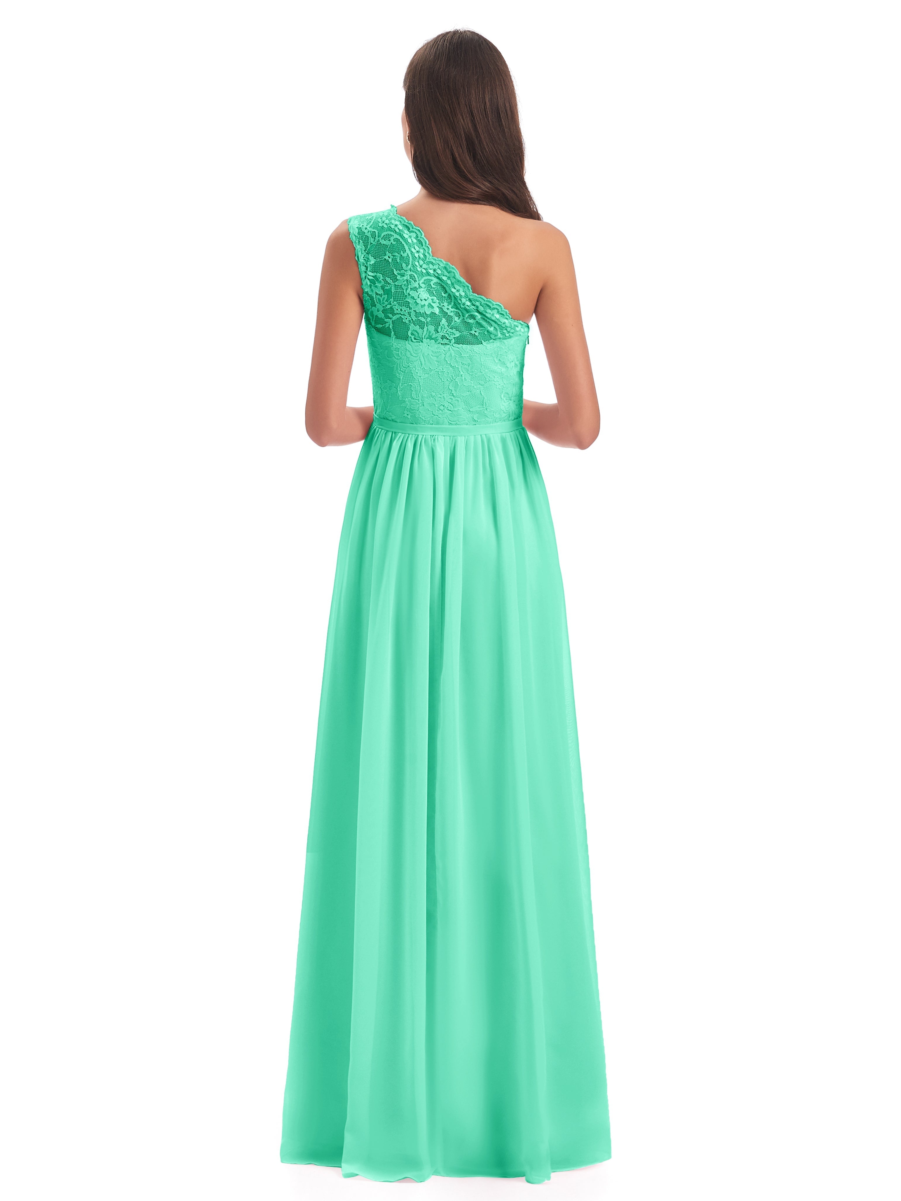 Robes De Demoiselle D'Honneur Turquoise Seule-Épaule Dentelle/Mousseline Fendue Robes Demoiselle D'Honneur