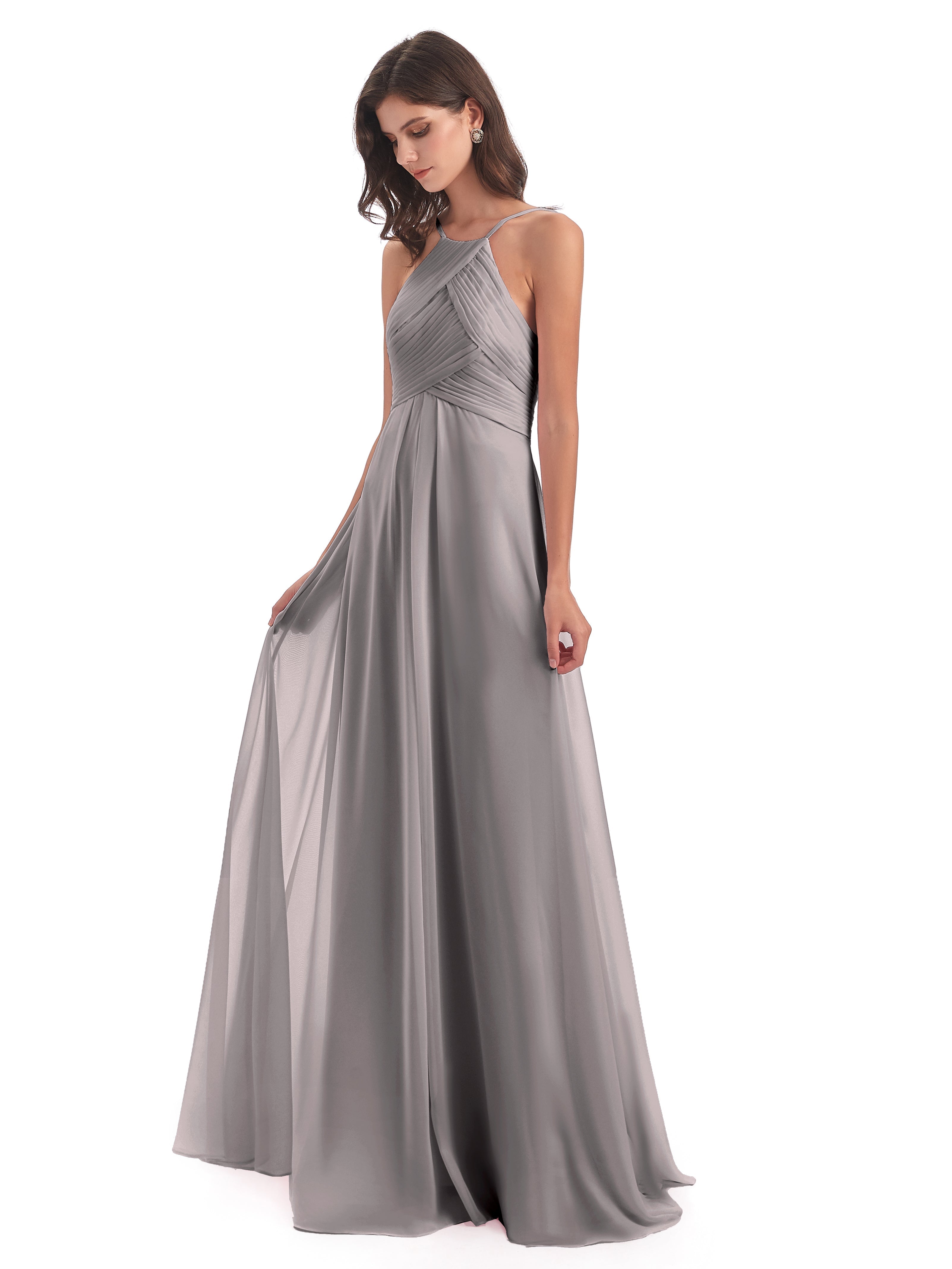 Robe Demoiselle D Honneur Argentée Licou Dos Ouvert Mousseline Robes Demoiselle D'Honneur