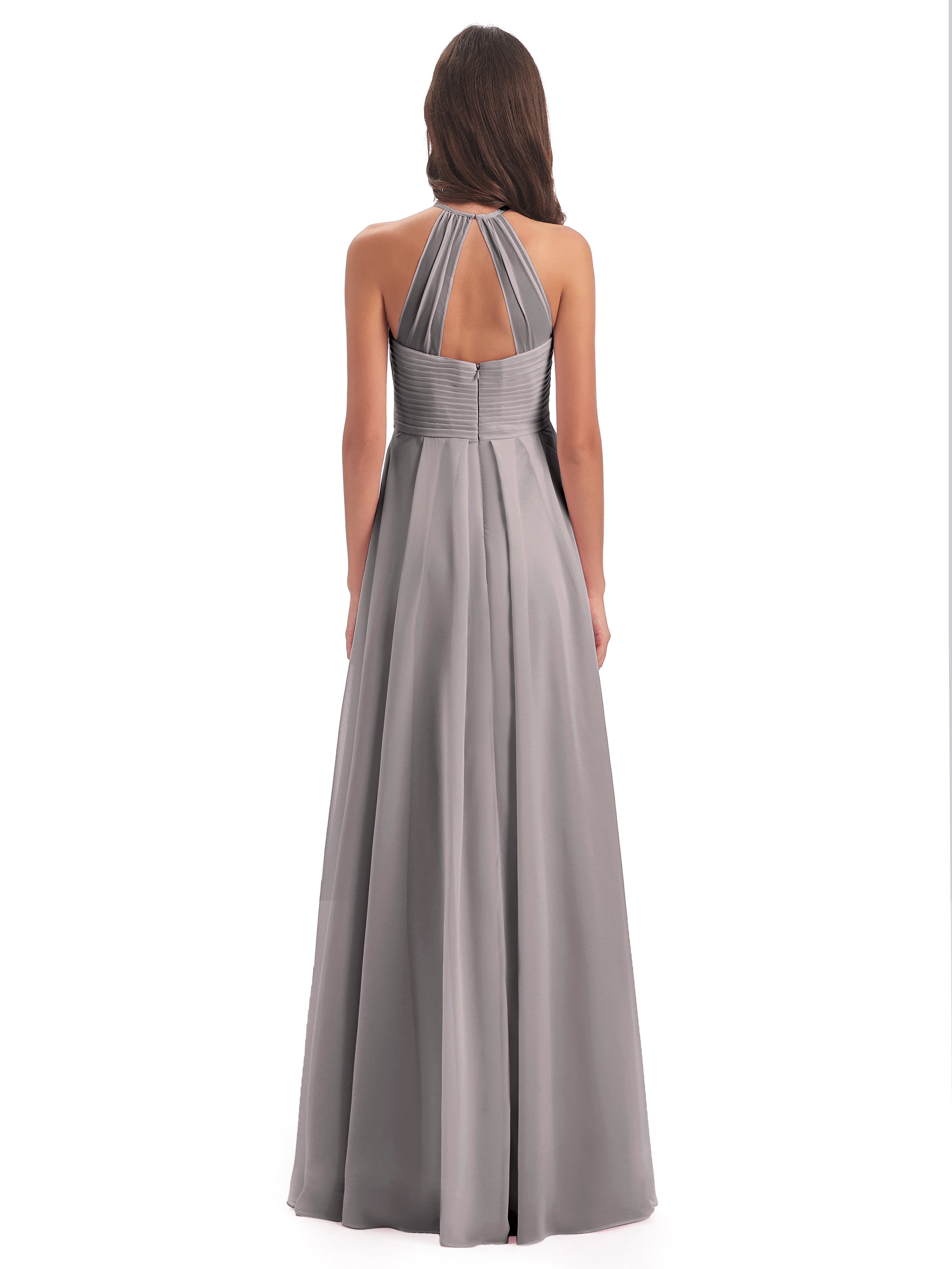 Robe Demoiselle D Honneur Argentée Licou Dos Ouvert Mousseline Robes Demoiselle D'Honneur