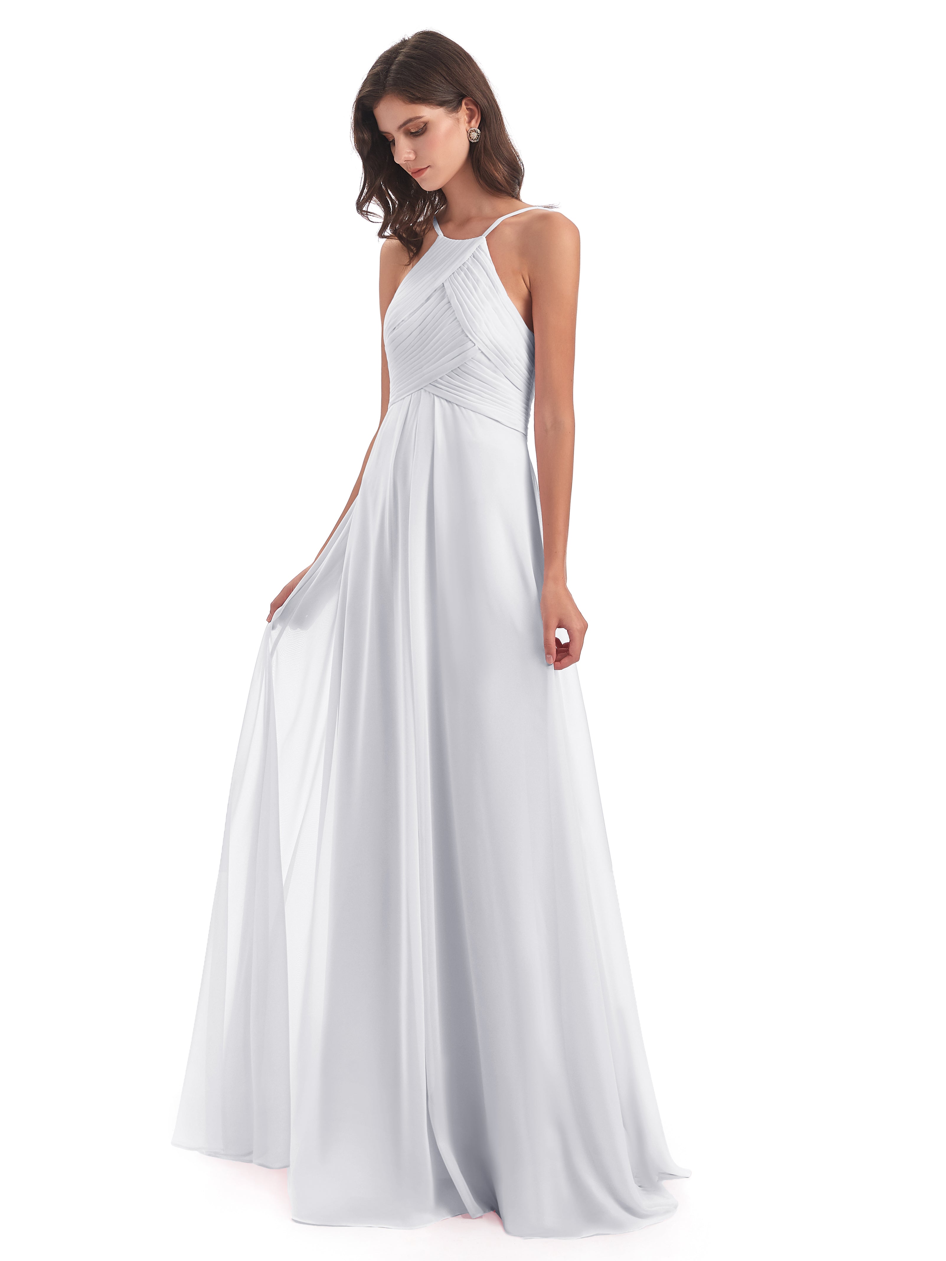 Longues Robes De Demoiselle D'Honneur Blanches Licou Dos Ouvert Mousseline Robes Demoiselle D'Honneur