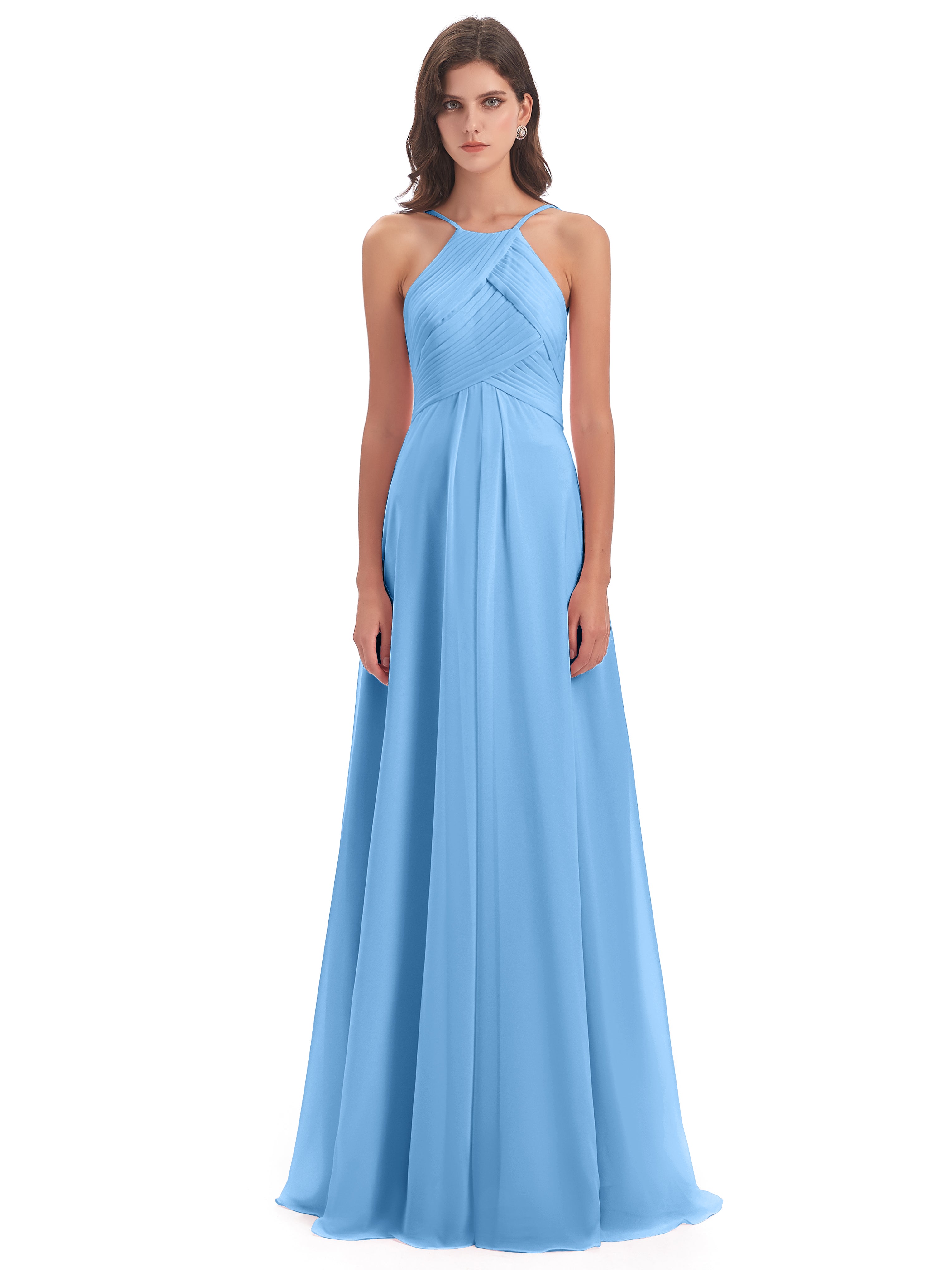 Robe Demoiselle Dhonneur Bleu Licou Dos Ouvert Mousseline Robes Demoiselle D'Honneur
