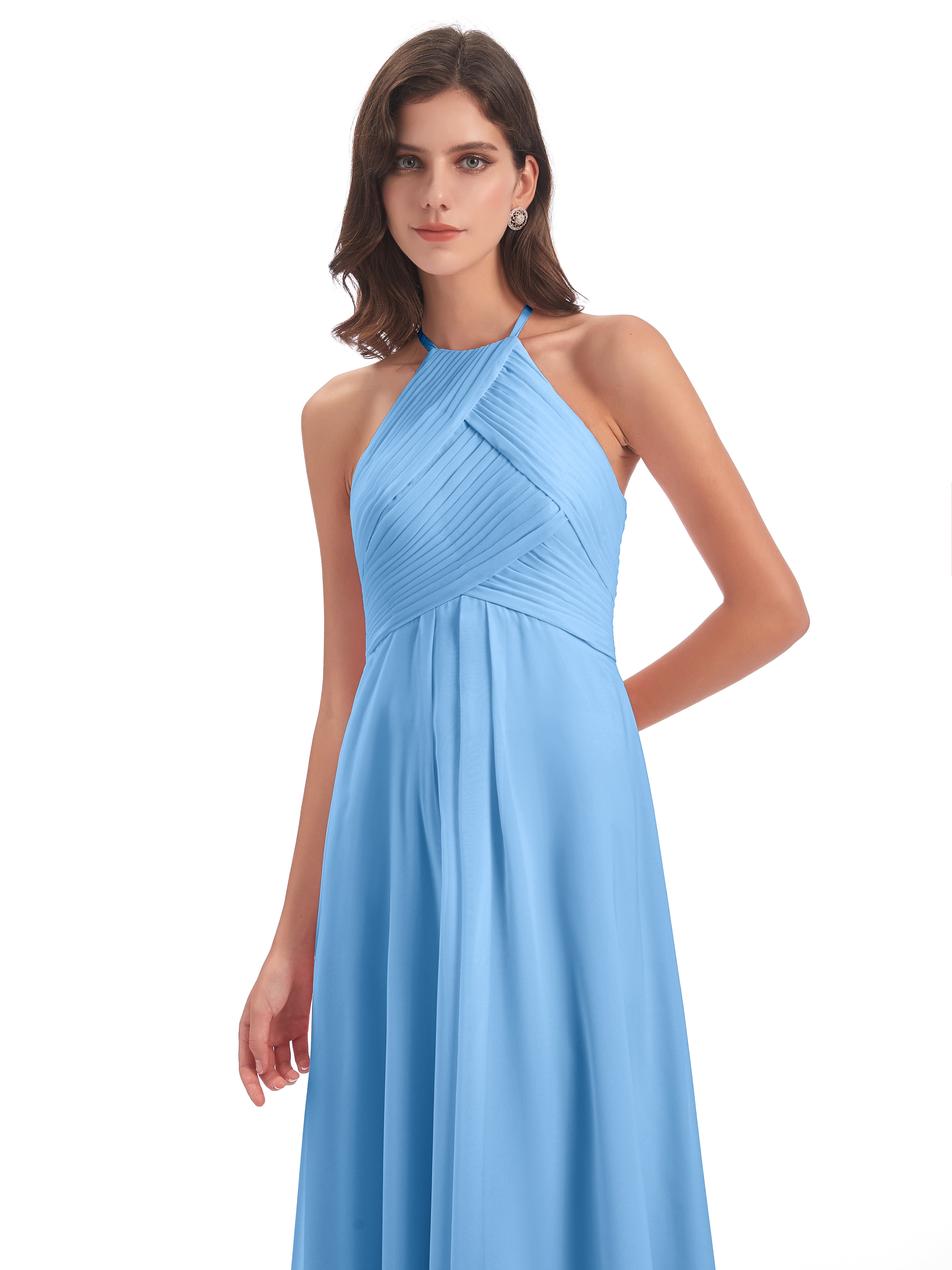 Robe Demoiselle Dhonneur Bleu Licou Dos Ouvert Mousseline Robes Demoiselle D'Honneur