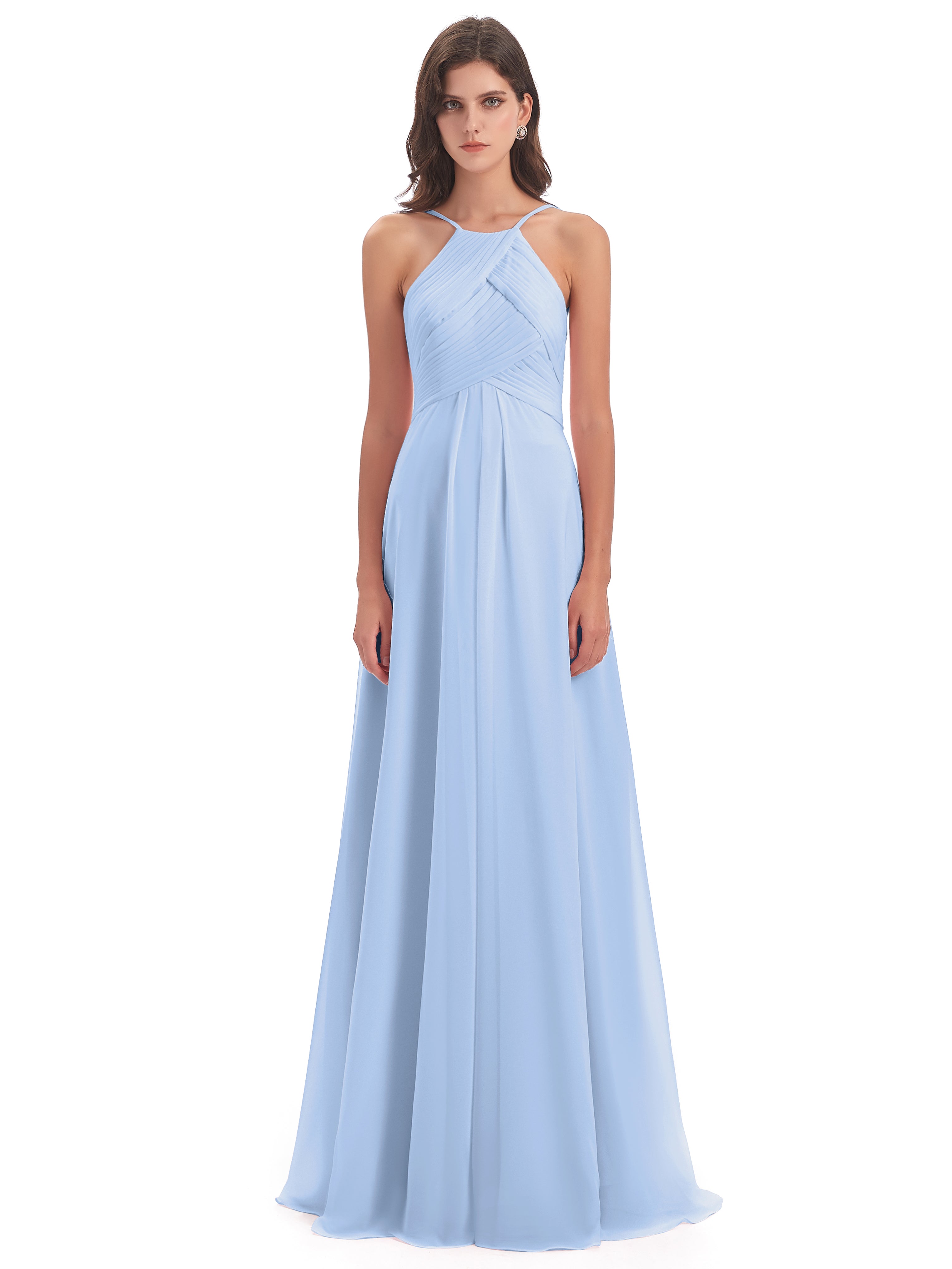 Demoiselle D Honneur Bleu Ciel Licou Dos Ouvert Mousseline Robes Demoiselle D'Honneur