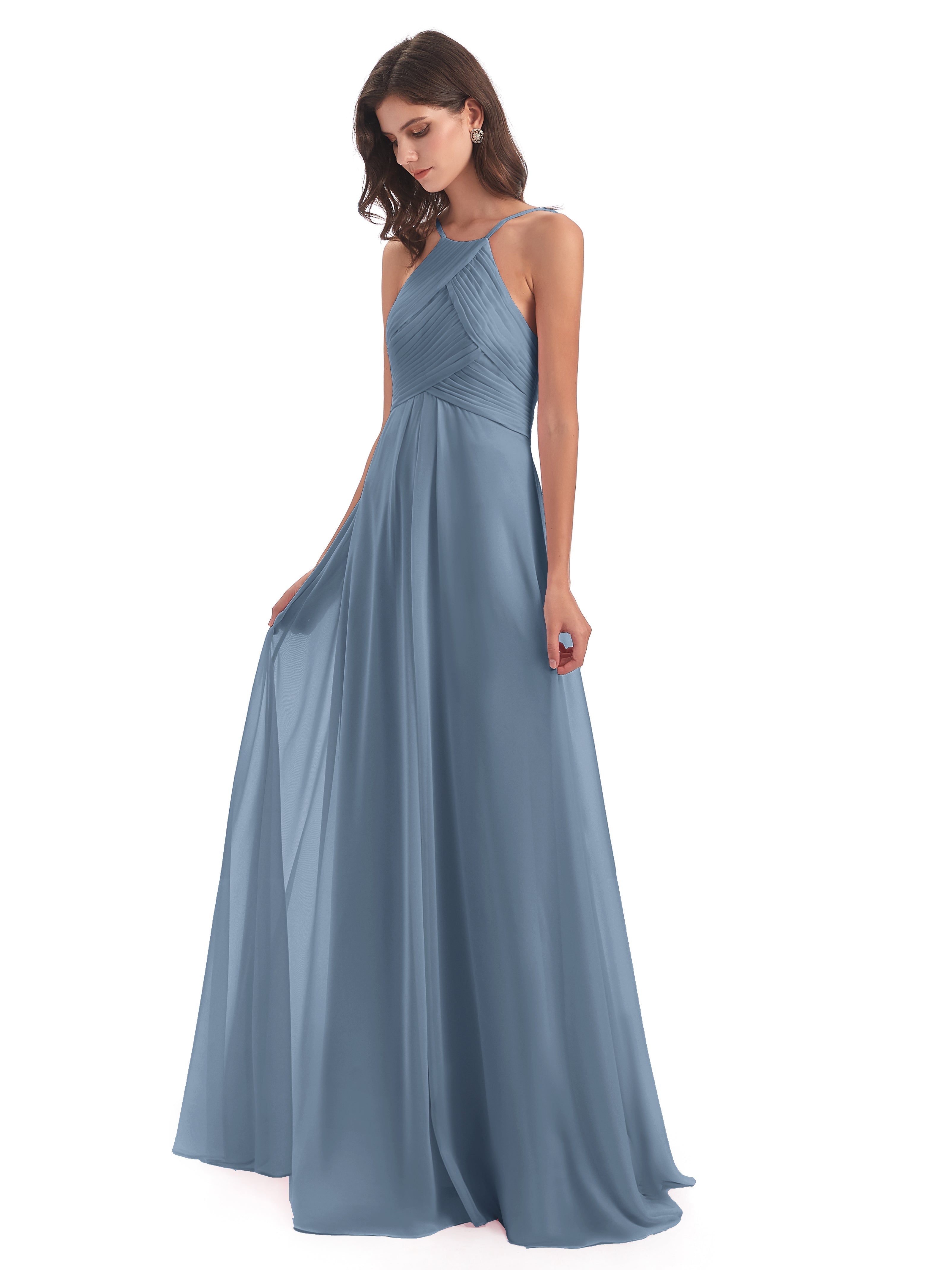 Robes De Demoiselle D'Honneur Bleu De Schiste Licou Dos Ouvert Mousseline Robes Demoiselle D'Honneur