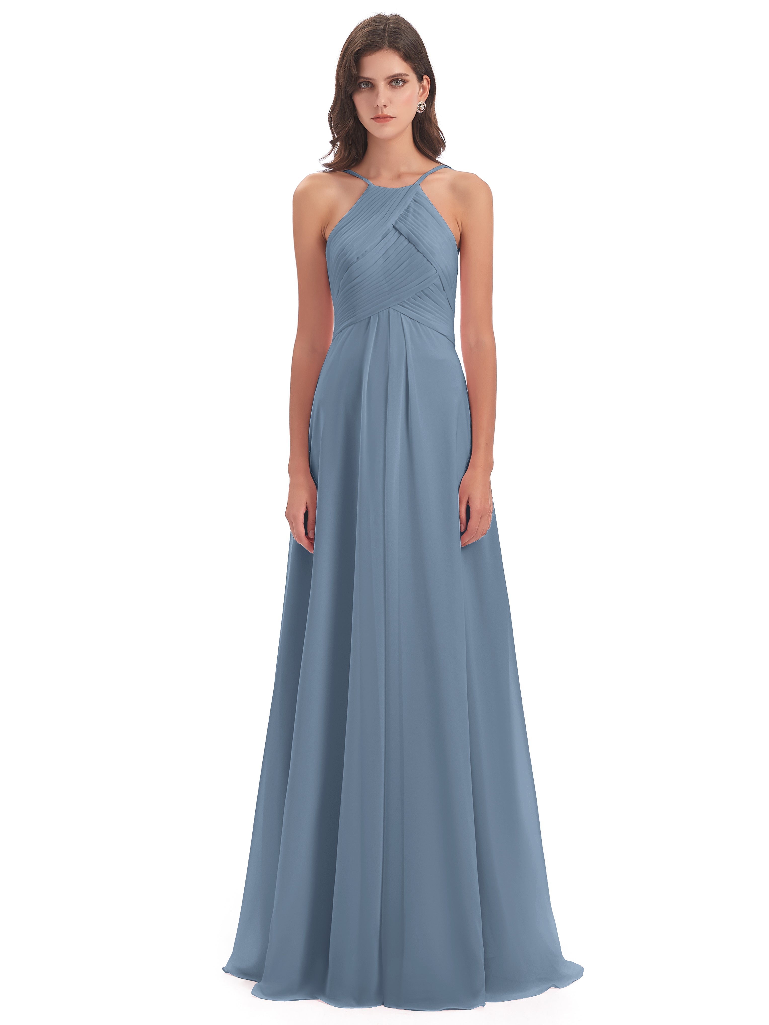 Robes De Demoiselle D'Honneur Bleu De Schiste Licou Dos Ouvert Mousseline Robes Demoiselle D'Honneur