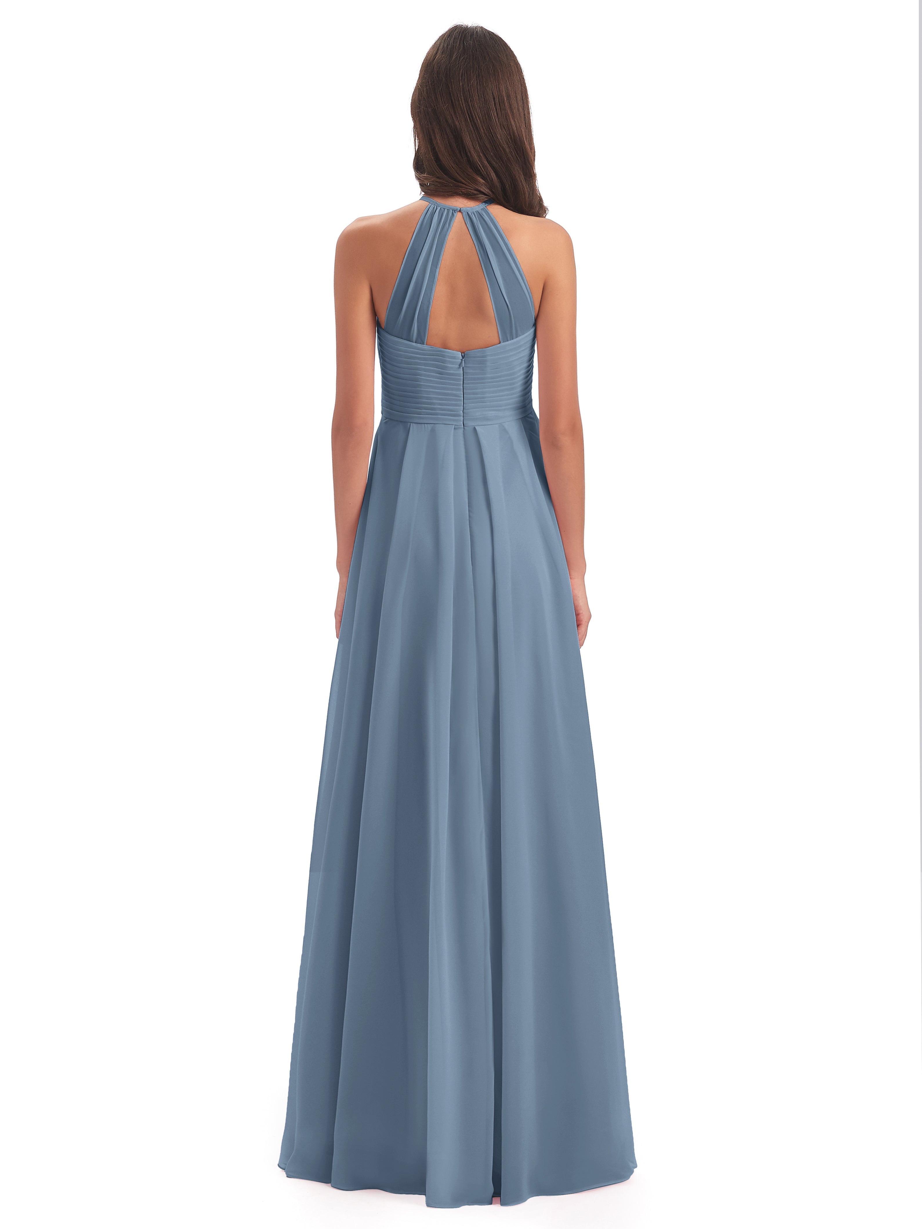 Robes De Demoiselle D'Honneur Bleu De Schiste Licou Dos Ouvert Mousseline Robes Demoiselle D'Honneur