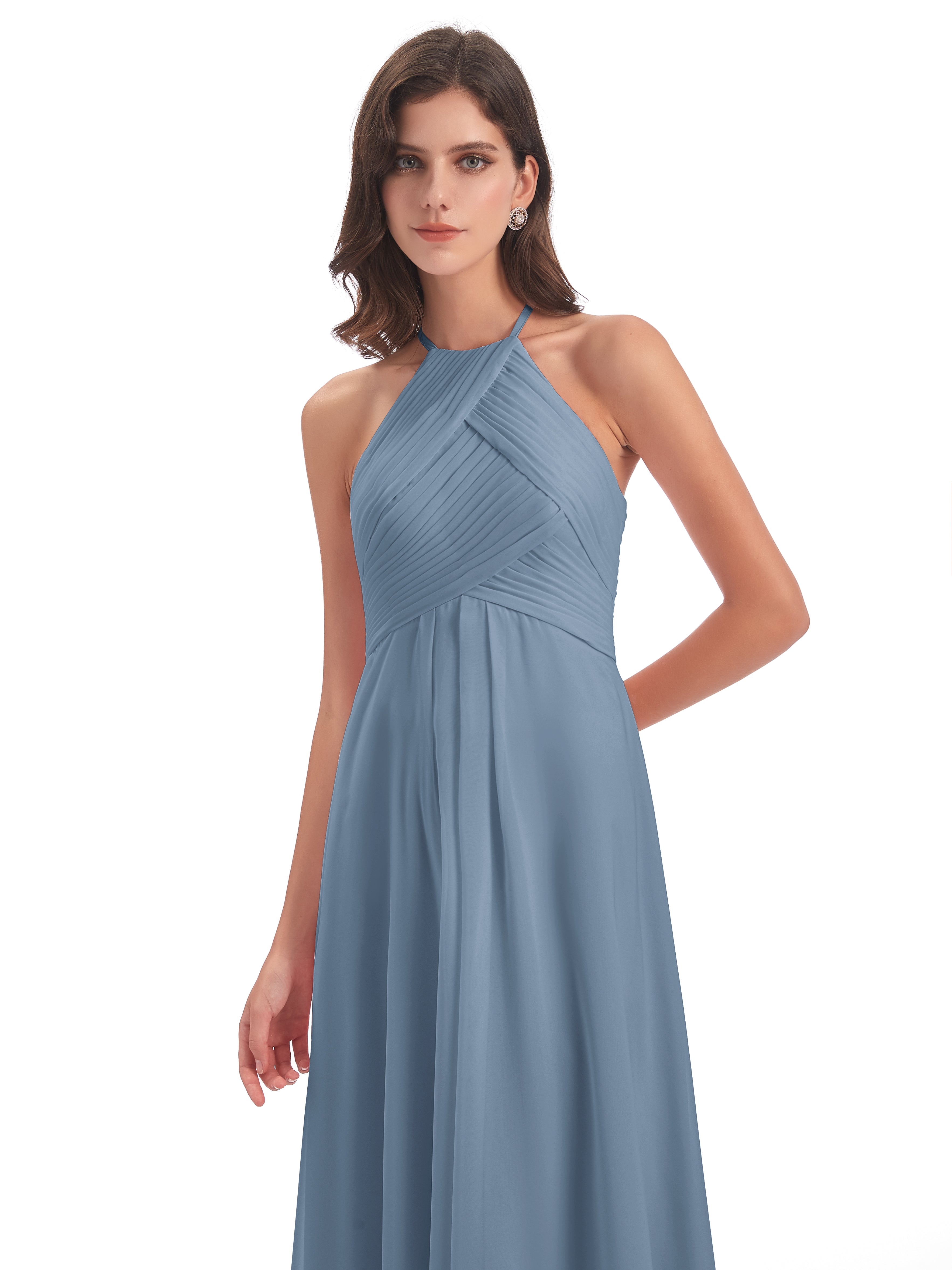 Robes De Demoiselle D'Honneur Bleu De Schiste Licou Dos Ouvert Mousseline Robes Demoiselle D'Honneur