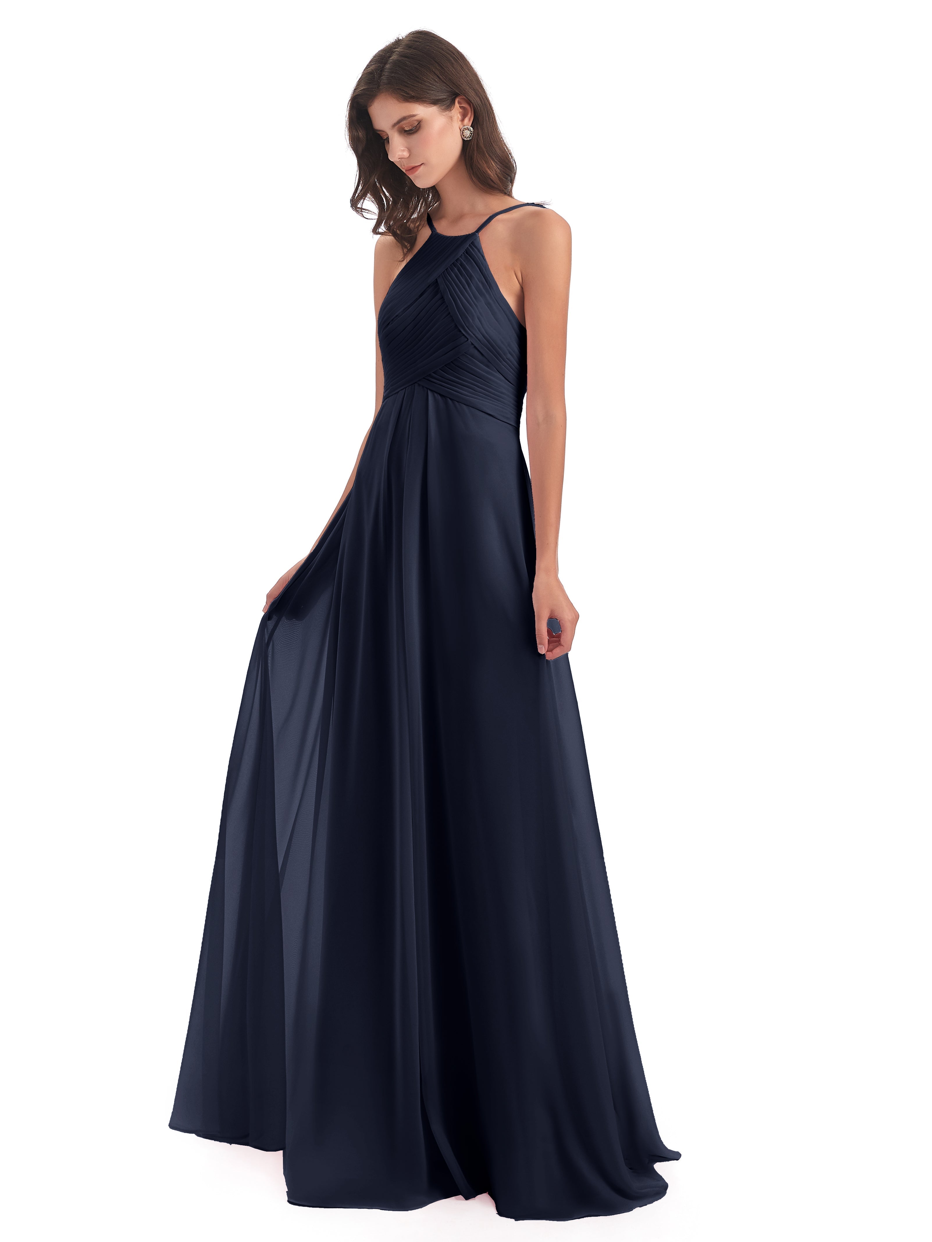 Robe Bleu Marine Demoiselle D Honneur Licou Dos Ouvert Mousseline Robes Demoiselle D'Honneur