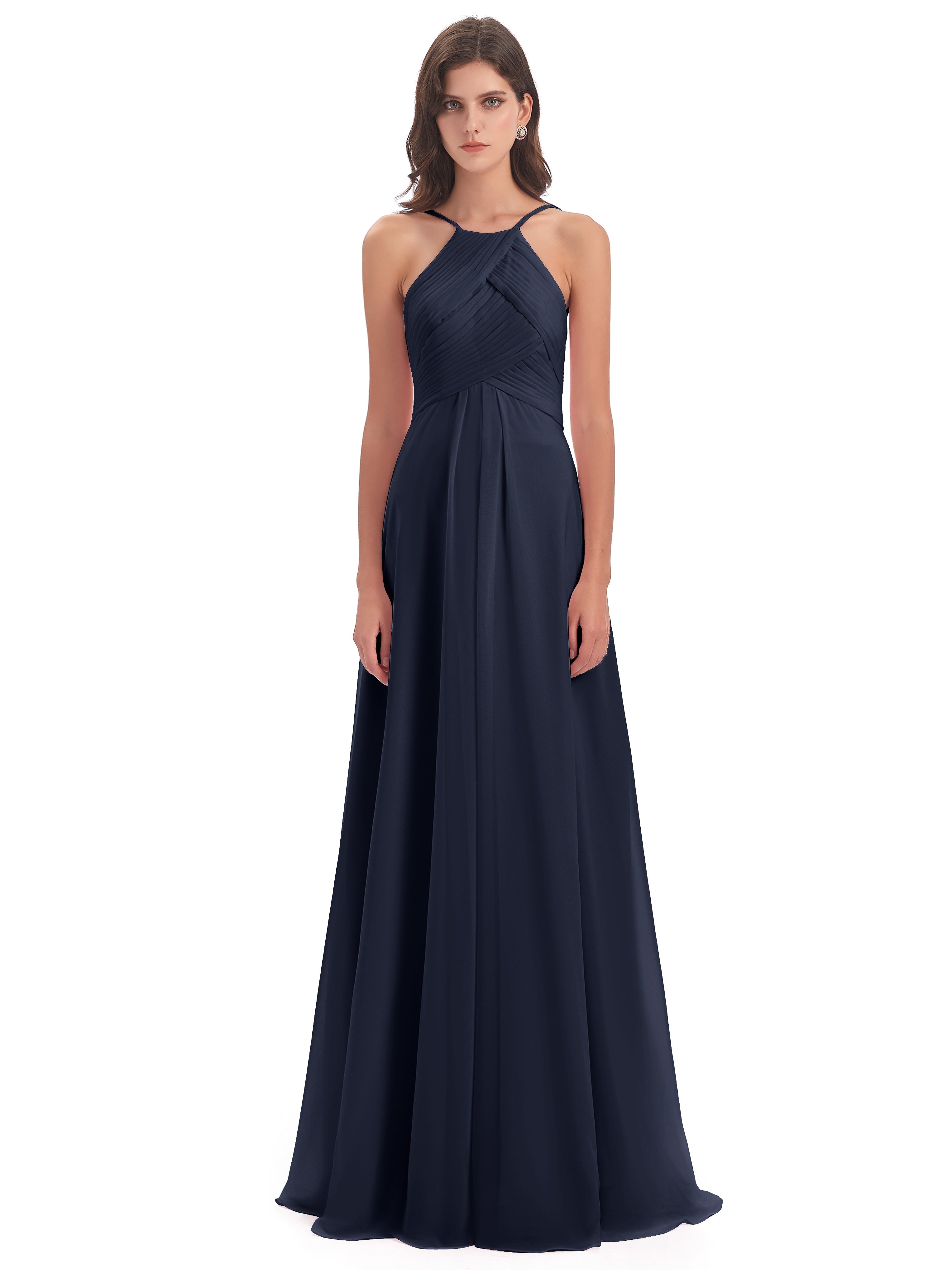 Robe Bleu Marine Demoiselle D Honneur Licou Dos Ouvert Mousseline Robes Demoiselle D'Honneur