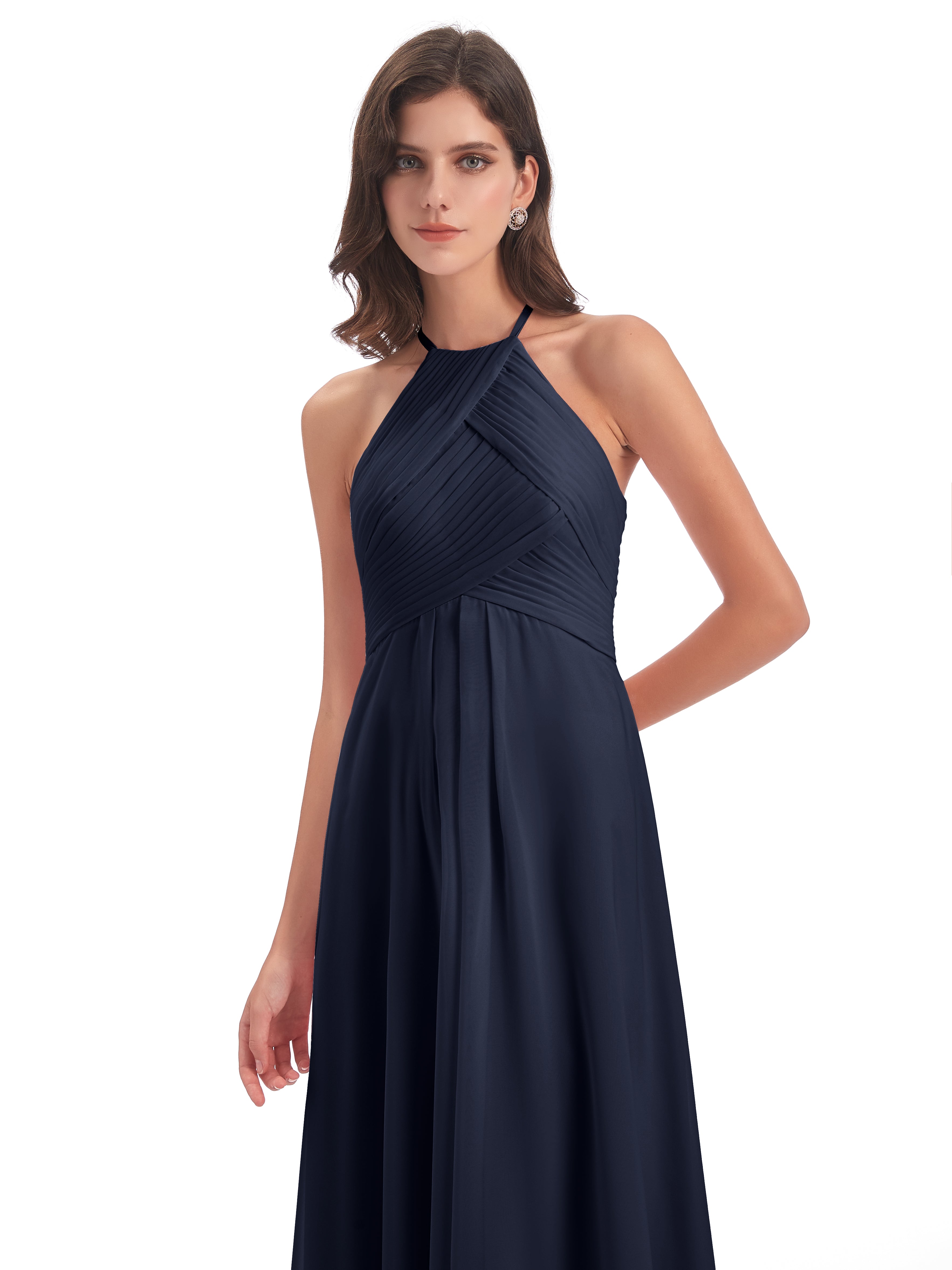 Robe Bleu Marine Demoiselle D Honneur Licou Dos Ouvert Mousseline Robes Demoiselle D'Honneur