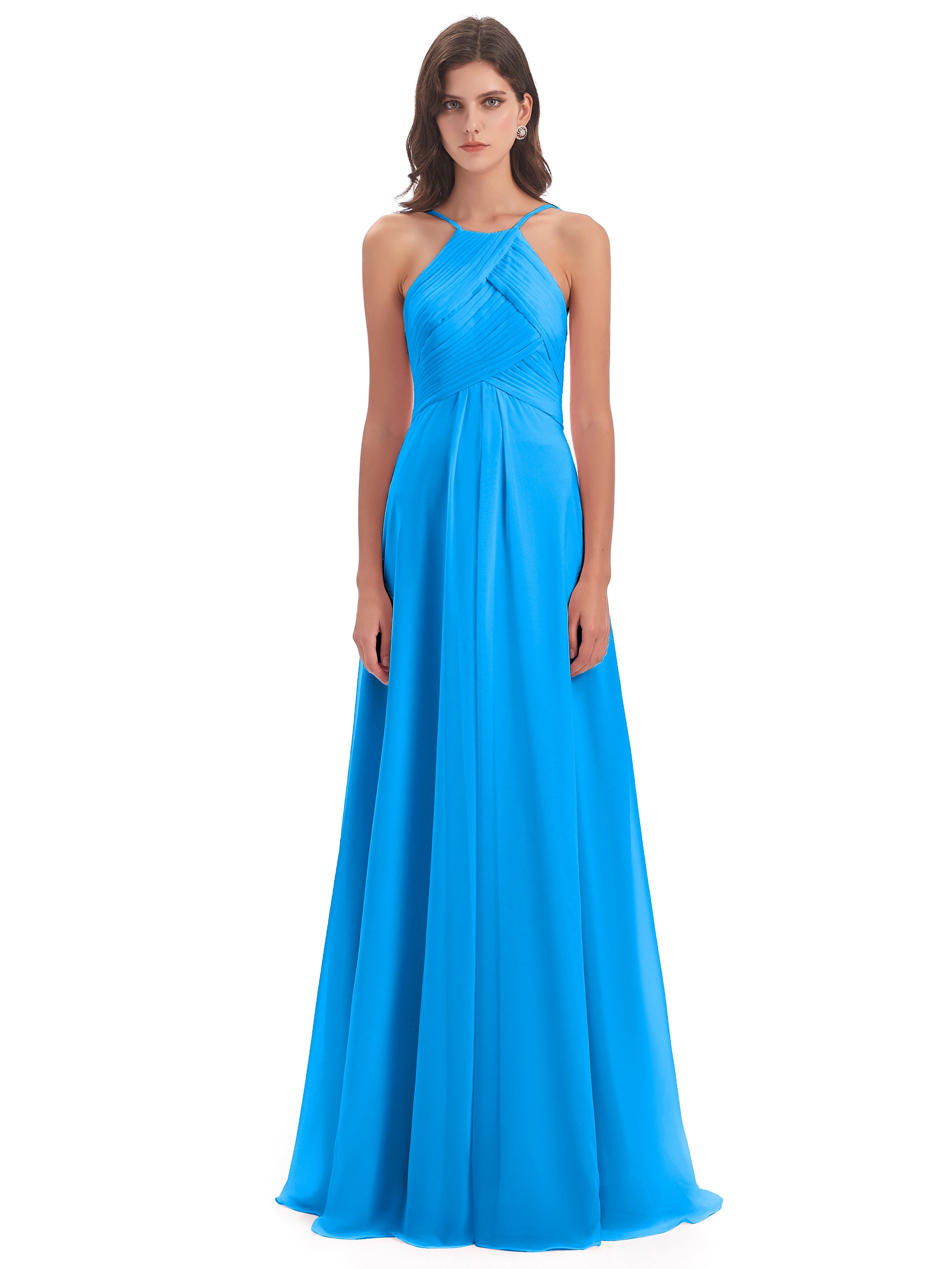 Robes De Demoiselle D'Honneur Bleu Océan Licou Dos Ouvert Mousseline Robes Demoiselle D'Honneur