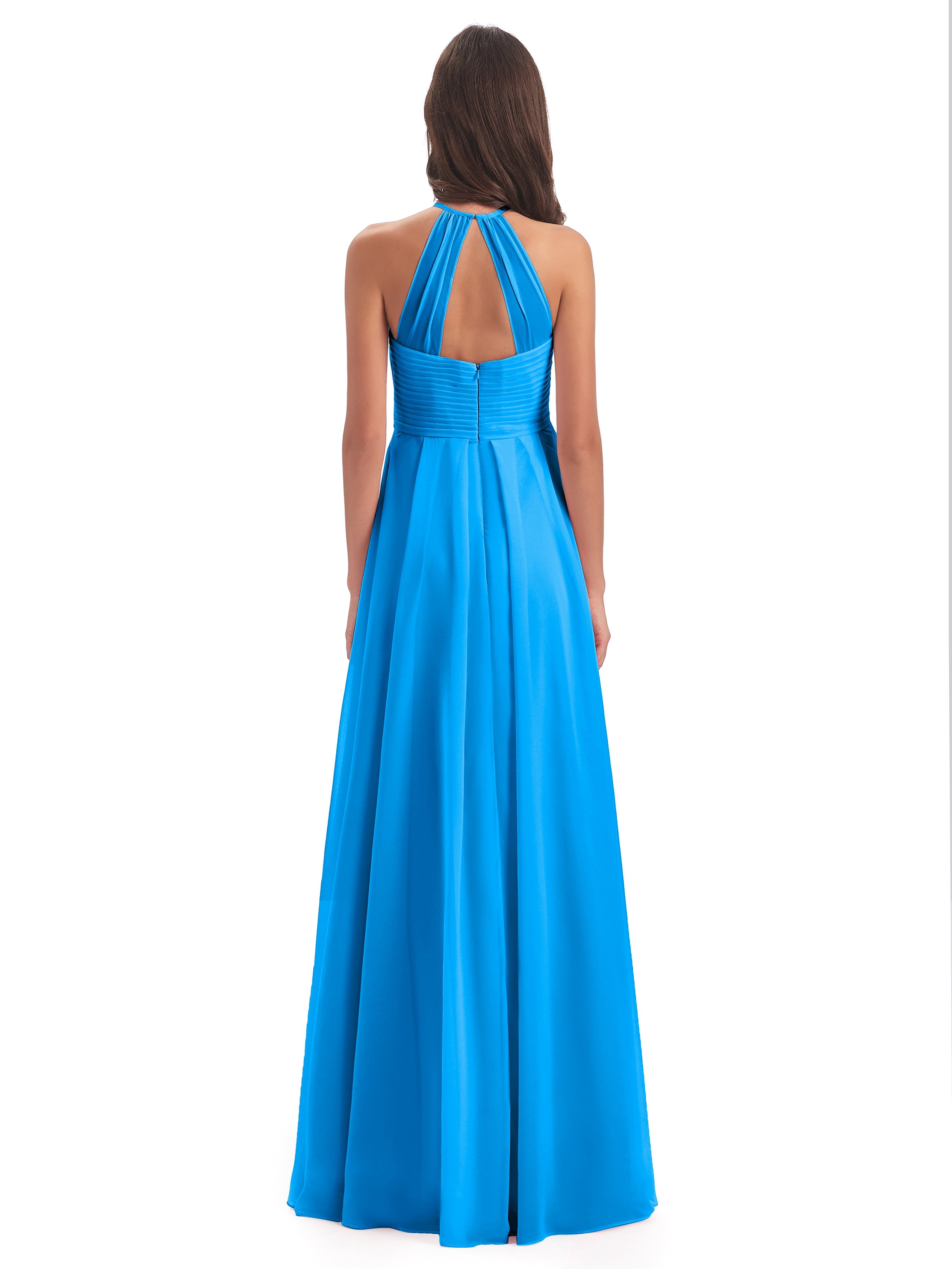 Robes De Demoiselle D'Honneur Bleu Océan Licou Dos Ouvert Mousseline Robes Demoiselle D'Honneur