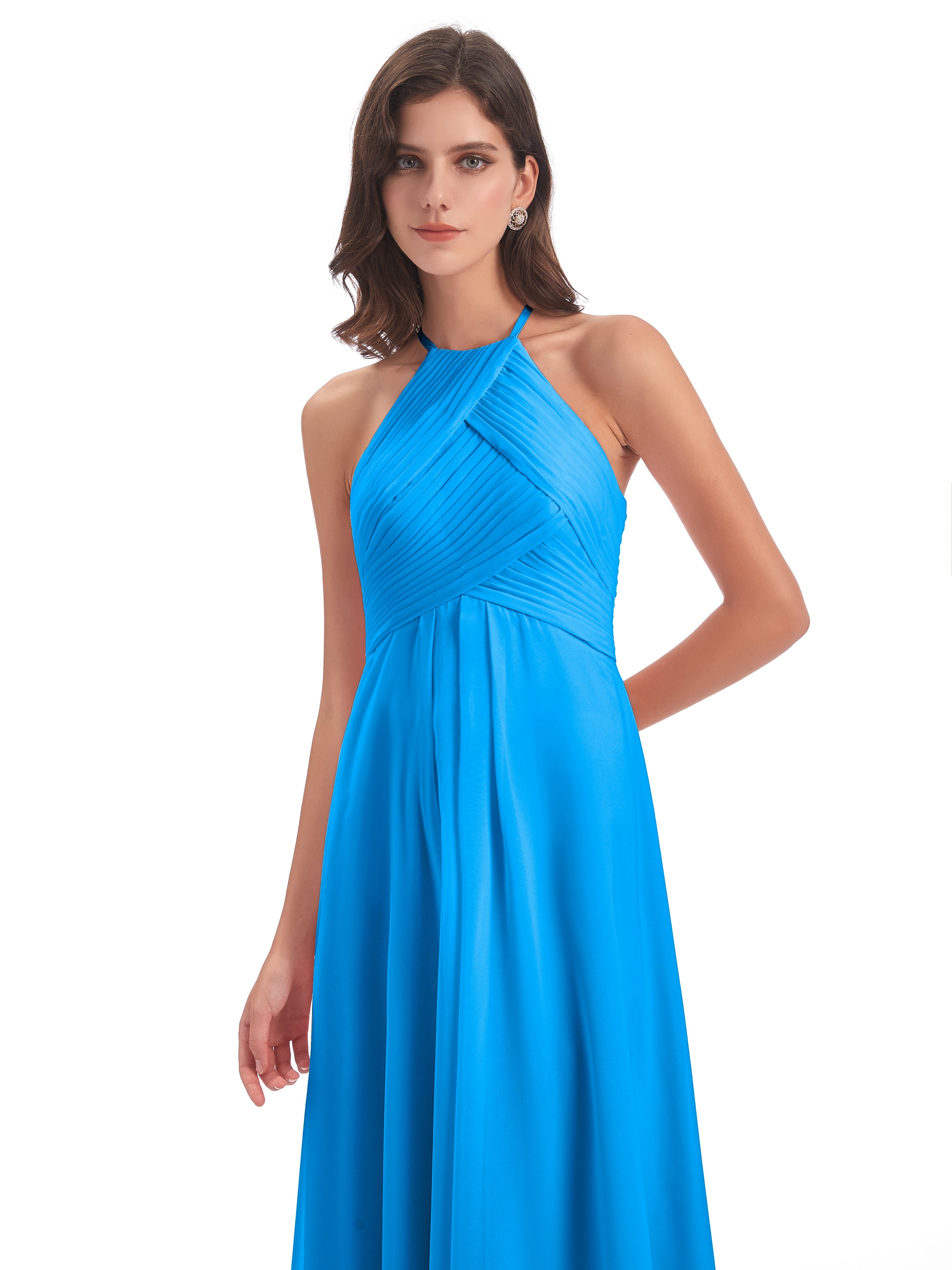 Robes De Demoiselle D'Honneur Bleu Océan Licou Dos Ouvert Mousseline Robes Demoiselle D'Honneur