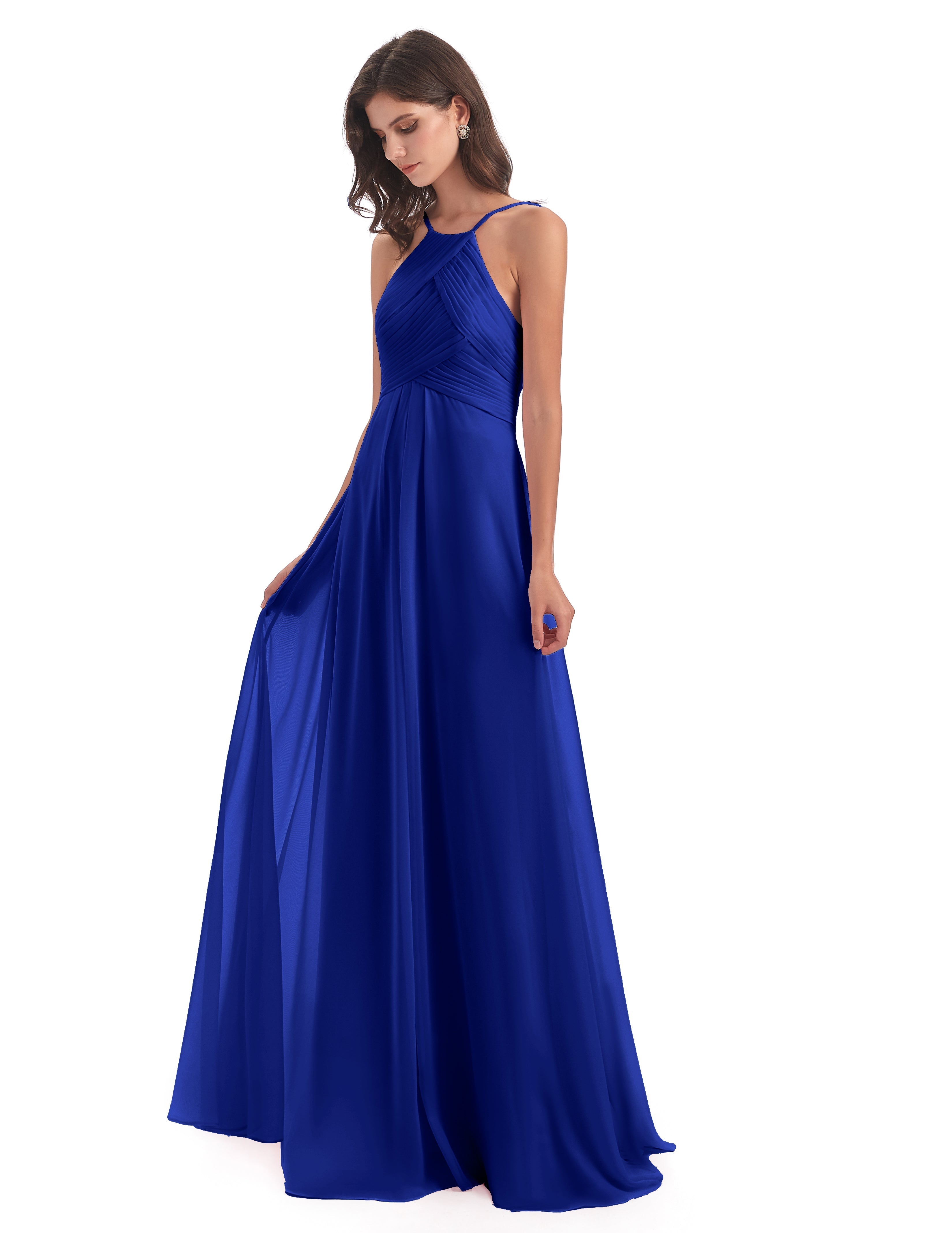 Mariage Robe Demoiselle D Honneur Bleu Roi Licou Dos Ouvert Mousseline Robes Demoiselle D'Honneur