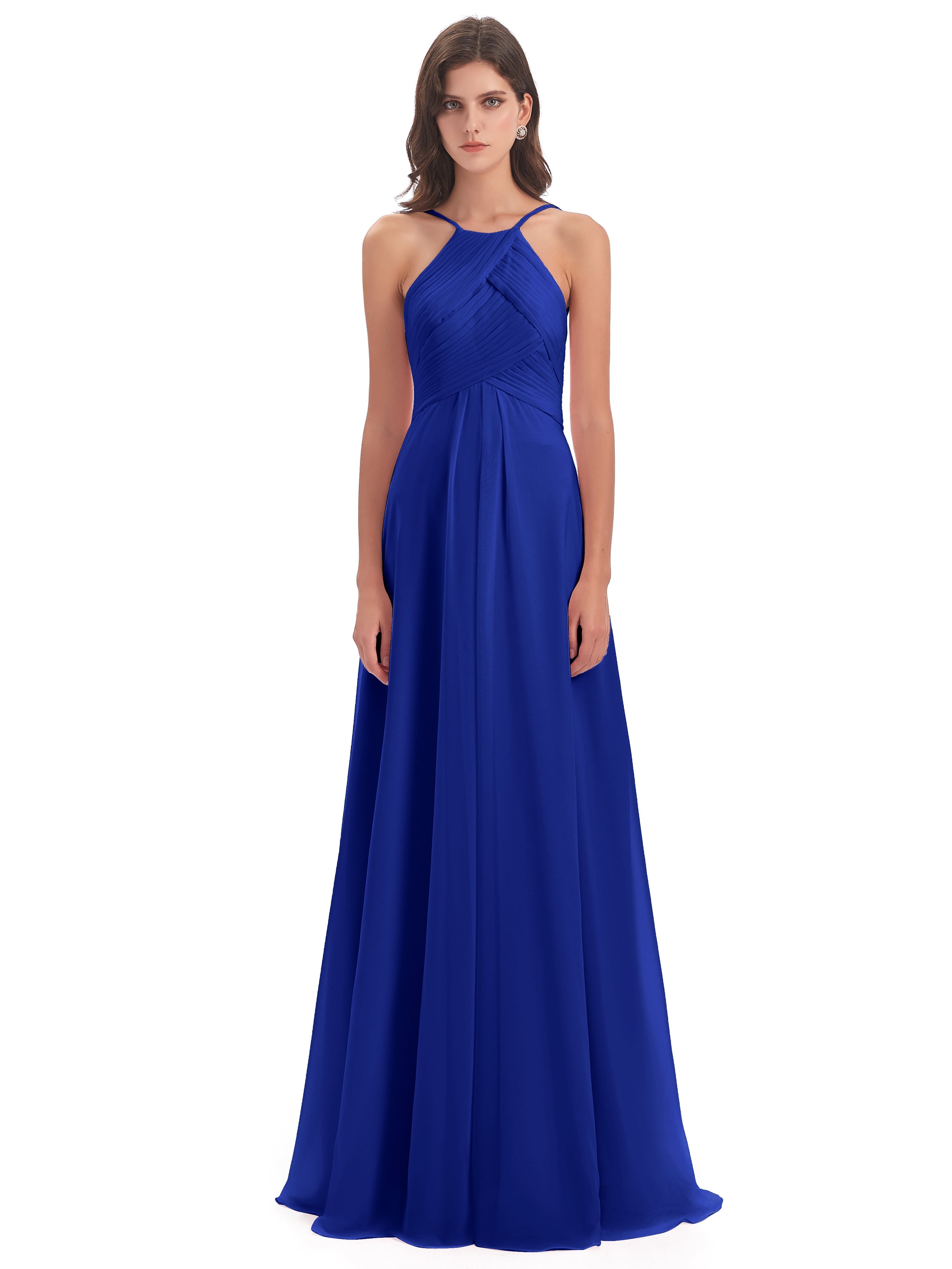 Mariage Robe Demoiselle D Honneur Bleu Roi Licou Dos Ouvert Mousseline Robes Demoiselle D'Honneur