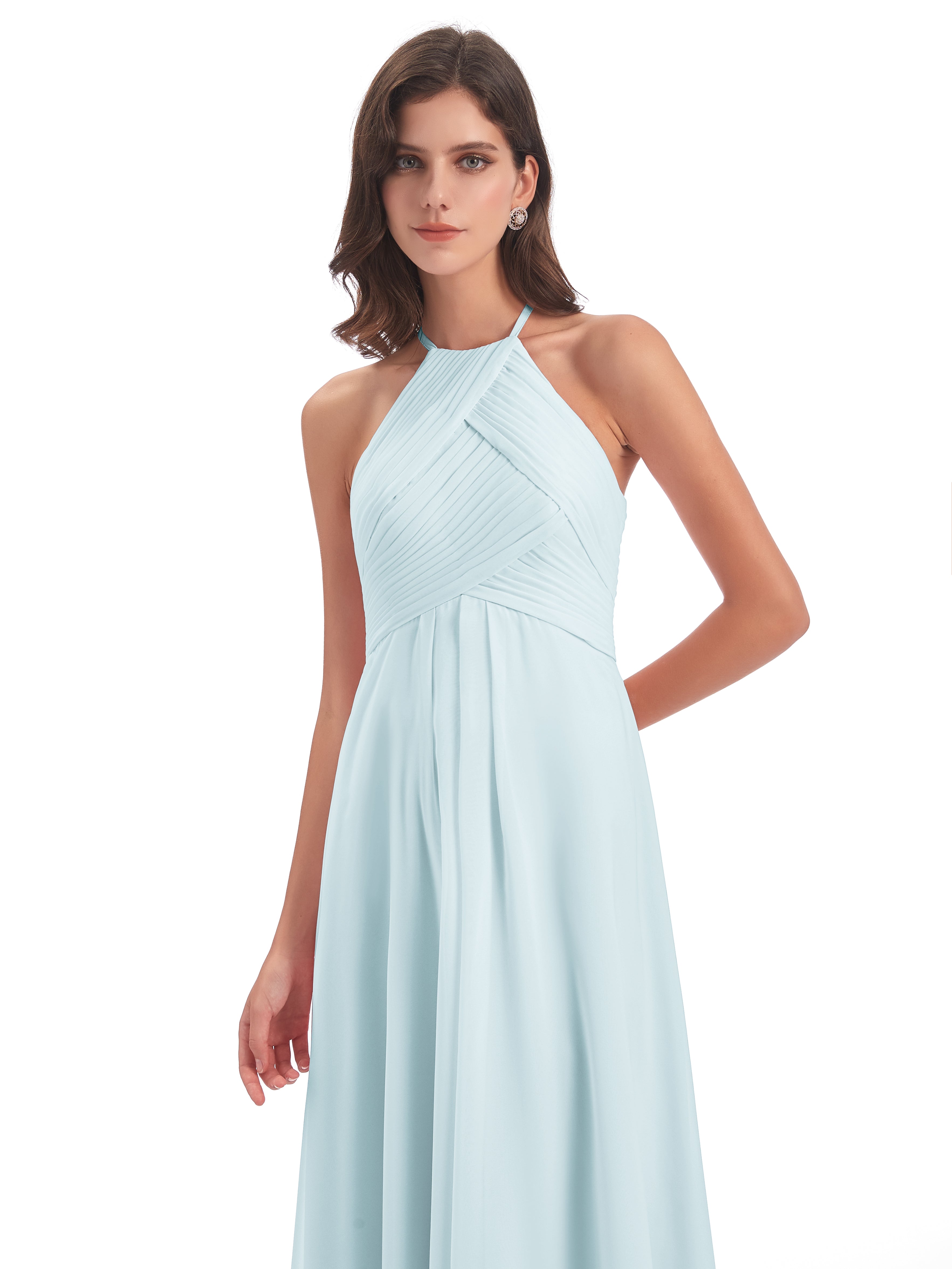 Robe De Demoiselle D'Honneur Brume Licou Dos Ouvert Mousseline Robes Demoiselle D'Honneur