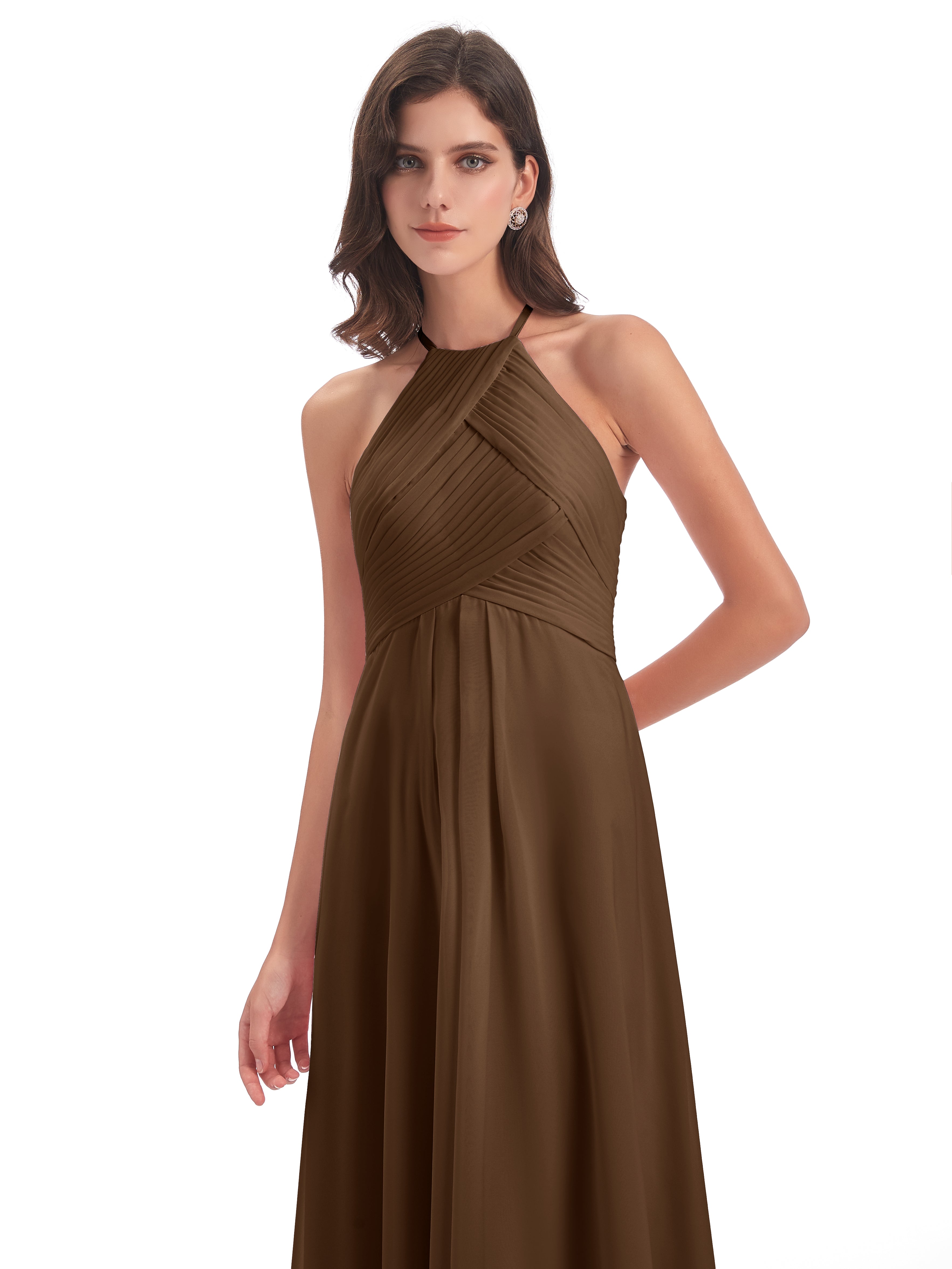 Robes De Demoiselle D'Honneur Brun Licou Dos Ouvert Mousseline Robes Demoiselle D'Honneur