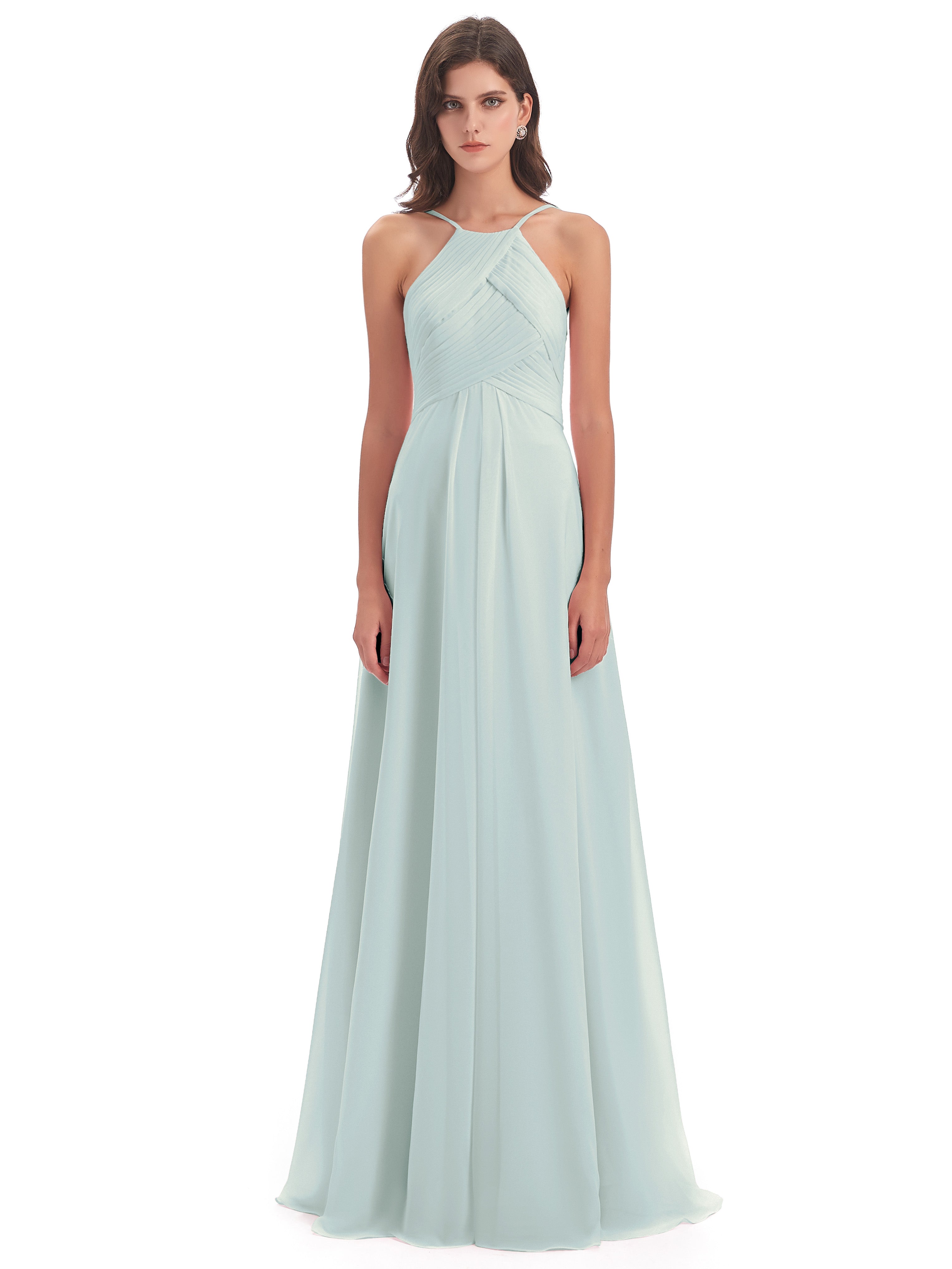 Robe Demoiselle D Honneur Vert Celadon Licou Dos Ouvert Mousseline Robes Demoiselle D'Honneur