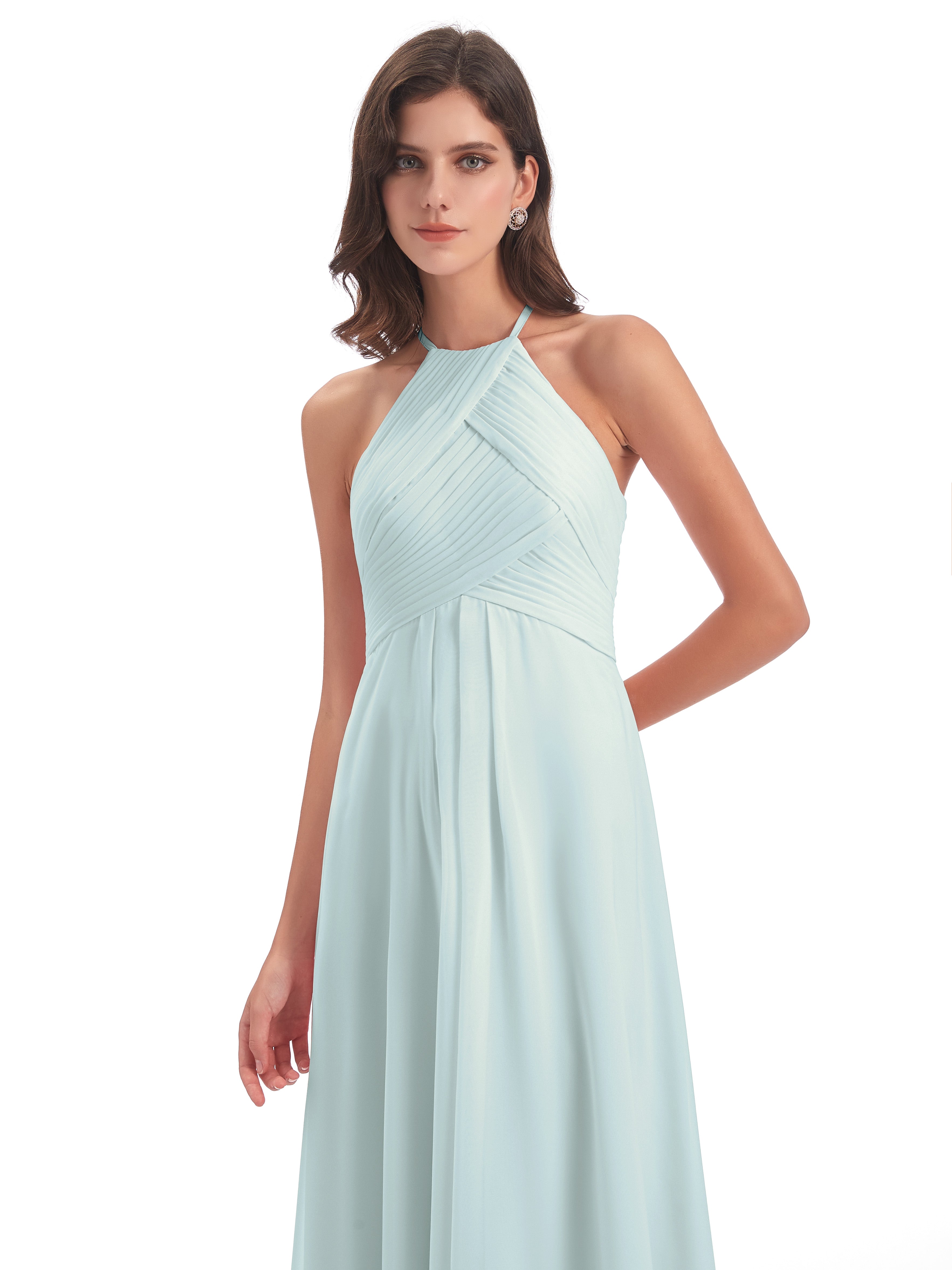 Robe Demoiselle D Honneur Vert Celadon Licou Dos Ouvert Mousseline Robes Demoiselle D'Honneur