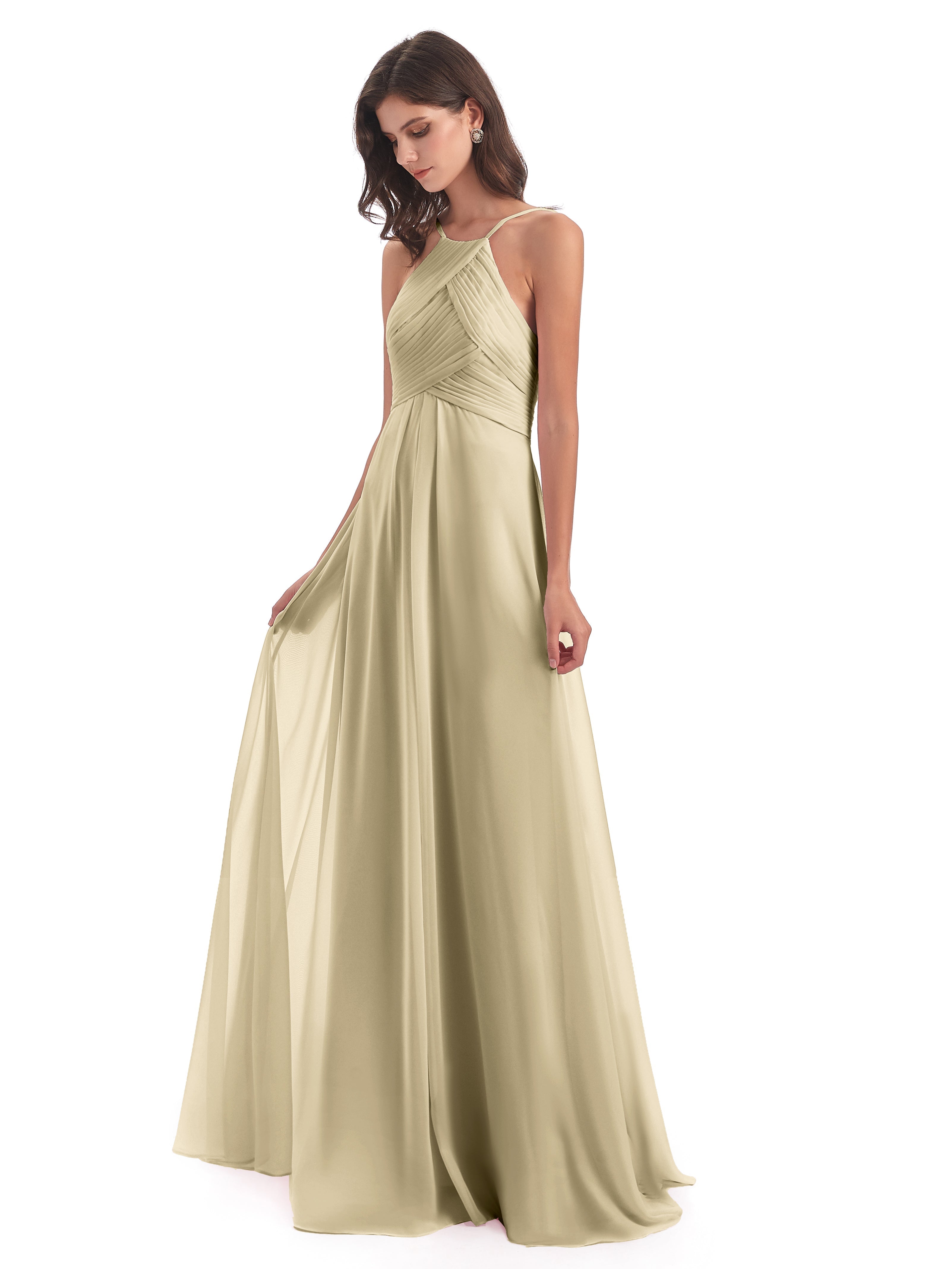 Robe Demoiselle Dhonneur Champagne Licou Dos Ouvert Mousseline Robes Demoiselle D'Honneur