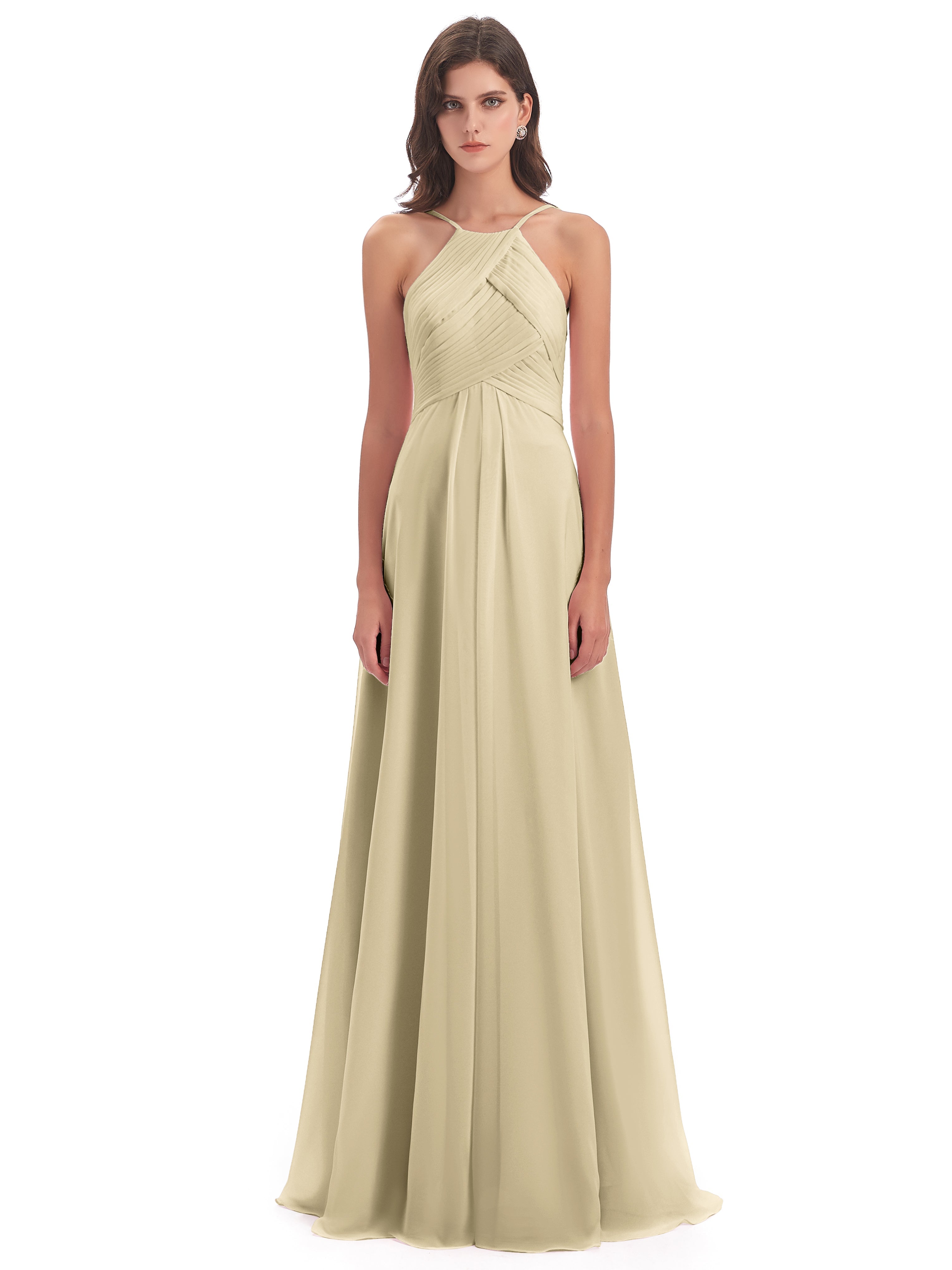 Robe Demoiselle Dhonneur Champagne Licou Dos Ouvert Mousseline Robes Demoiselle D'Honneur