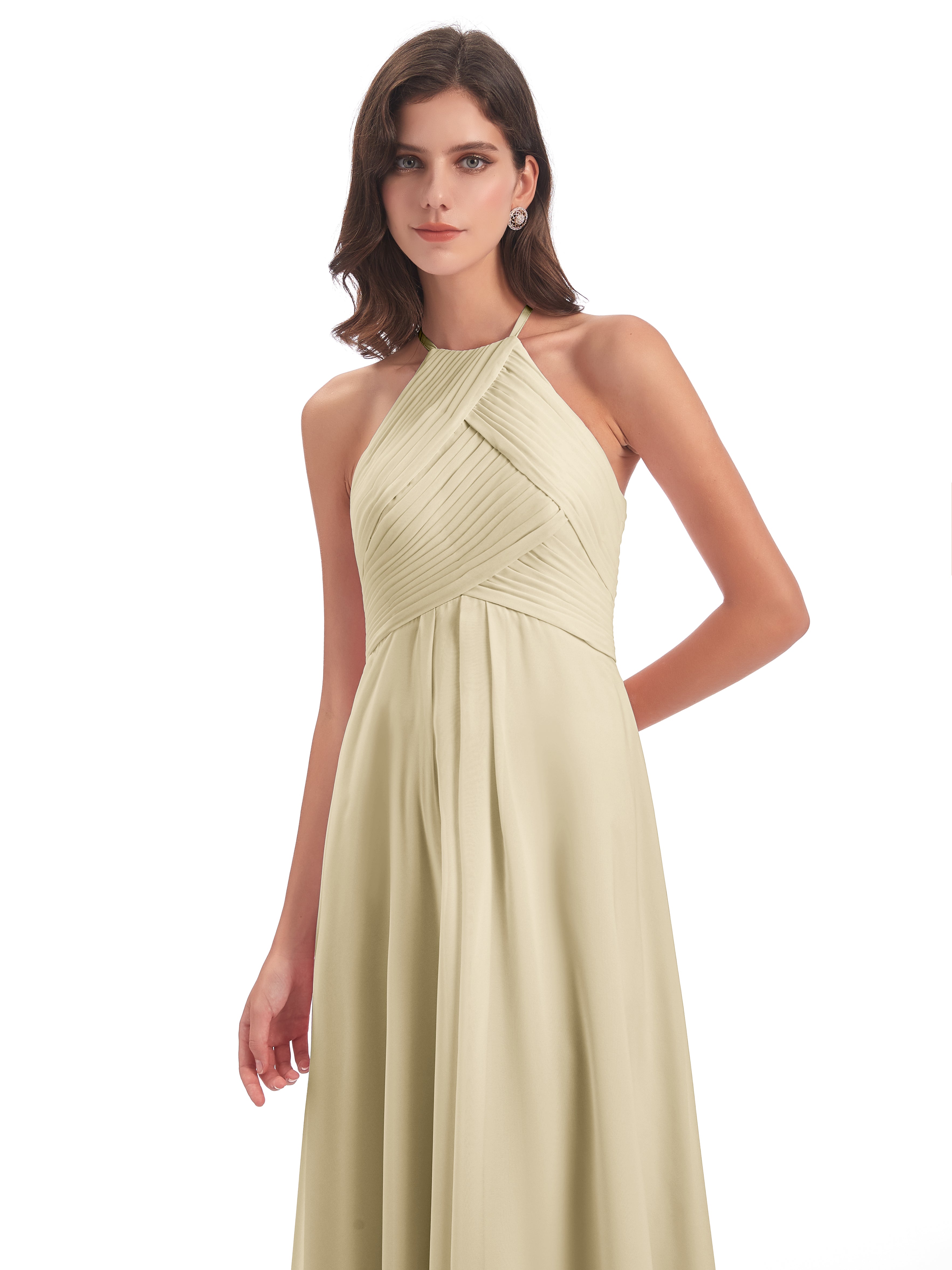 Robe Demoiselle Dhonneur Champagne Licou Dos Ouvert Mousseline Robes Demoiselle D'Honneur