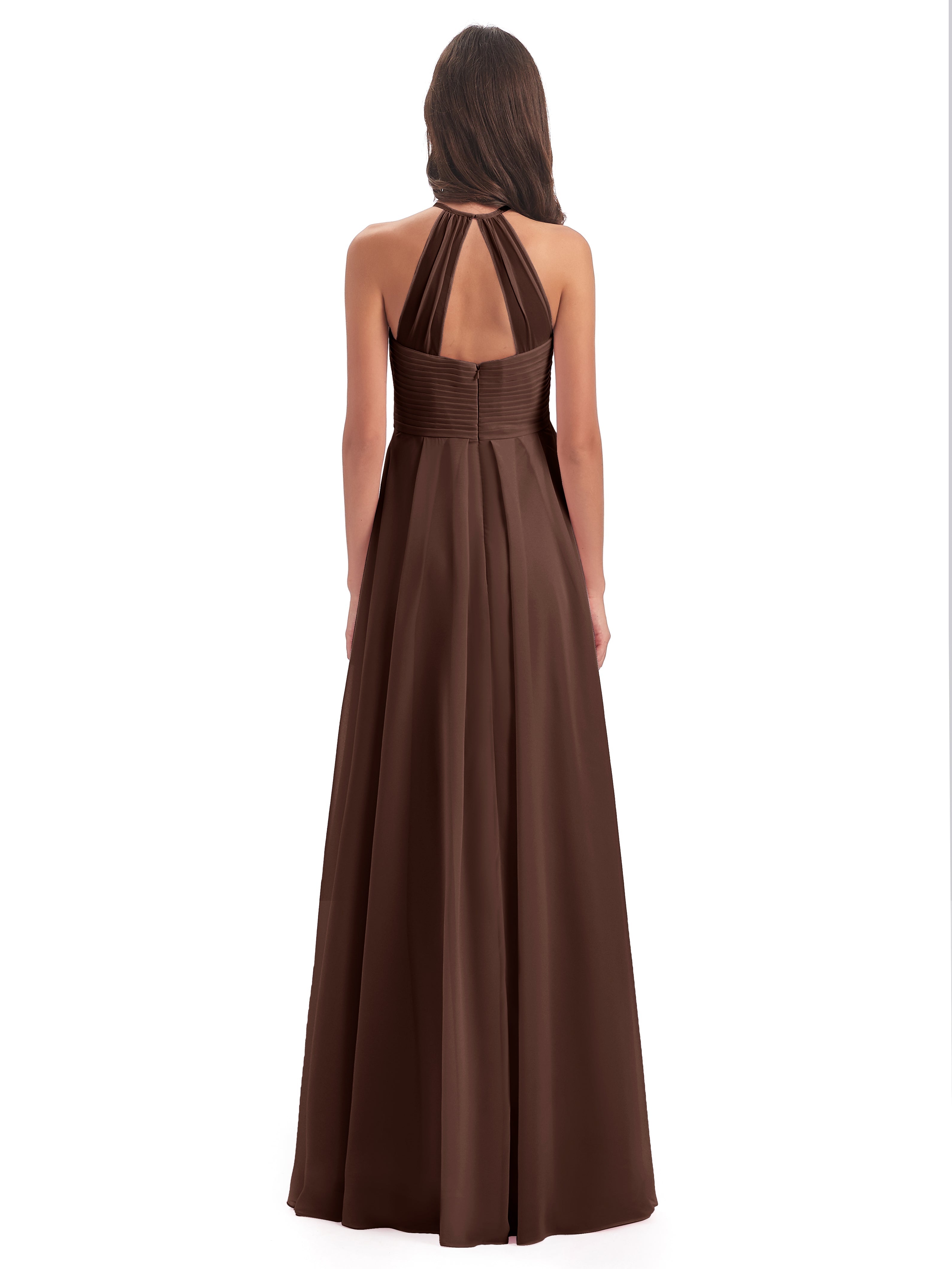 Robe Marron Chocolat Demoiselle D Honneur Licou Dos Ouvert Mousseline Robes Demoiselle D'Honneur