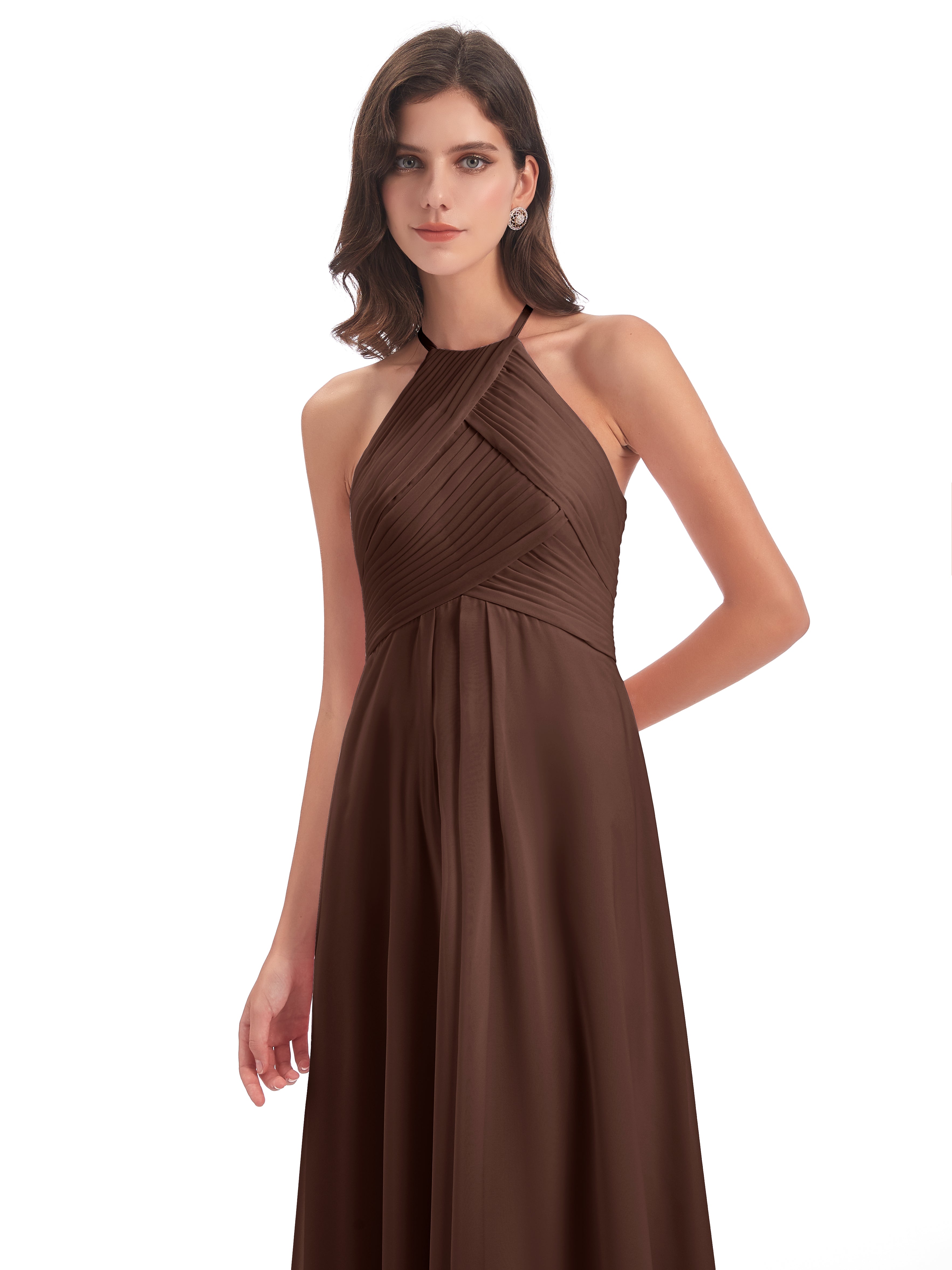 Robe Marron Chocolat Demoiselle D Honneur Licou Dos Ouvert Mousseline Robes Demoiselle D'Honneur