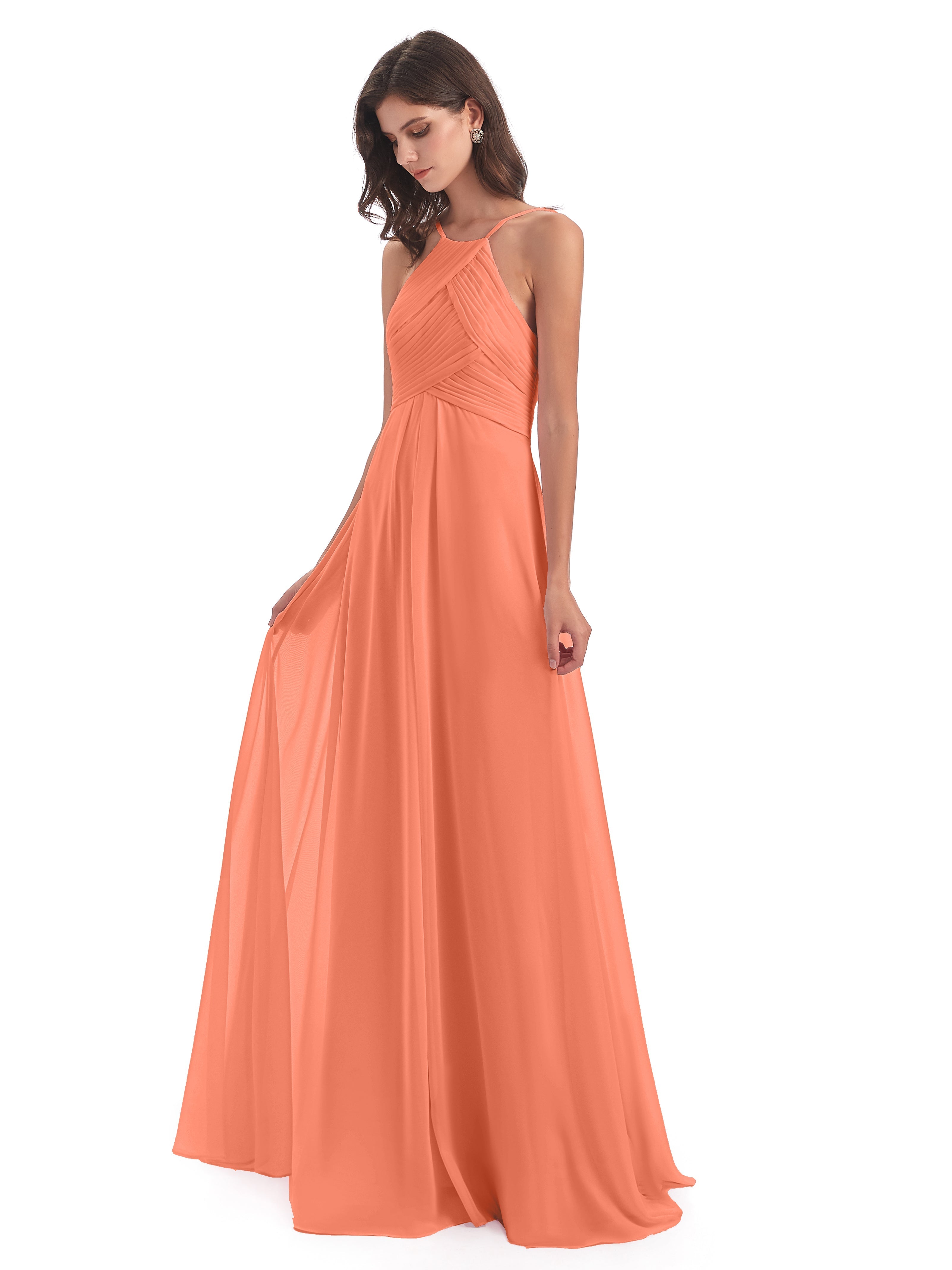 Robes De Demoiselle D'Honneur Coucher De Soleil Licou Dos Ouvert Mousseline Robes Demoiselle D'Honneur