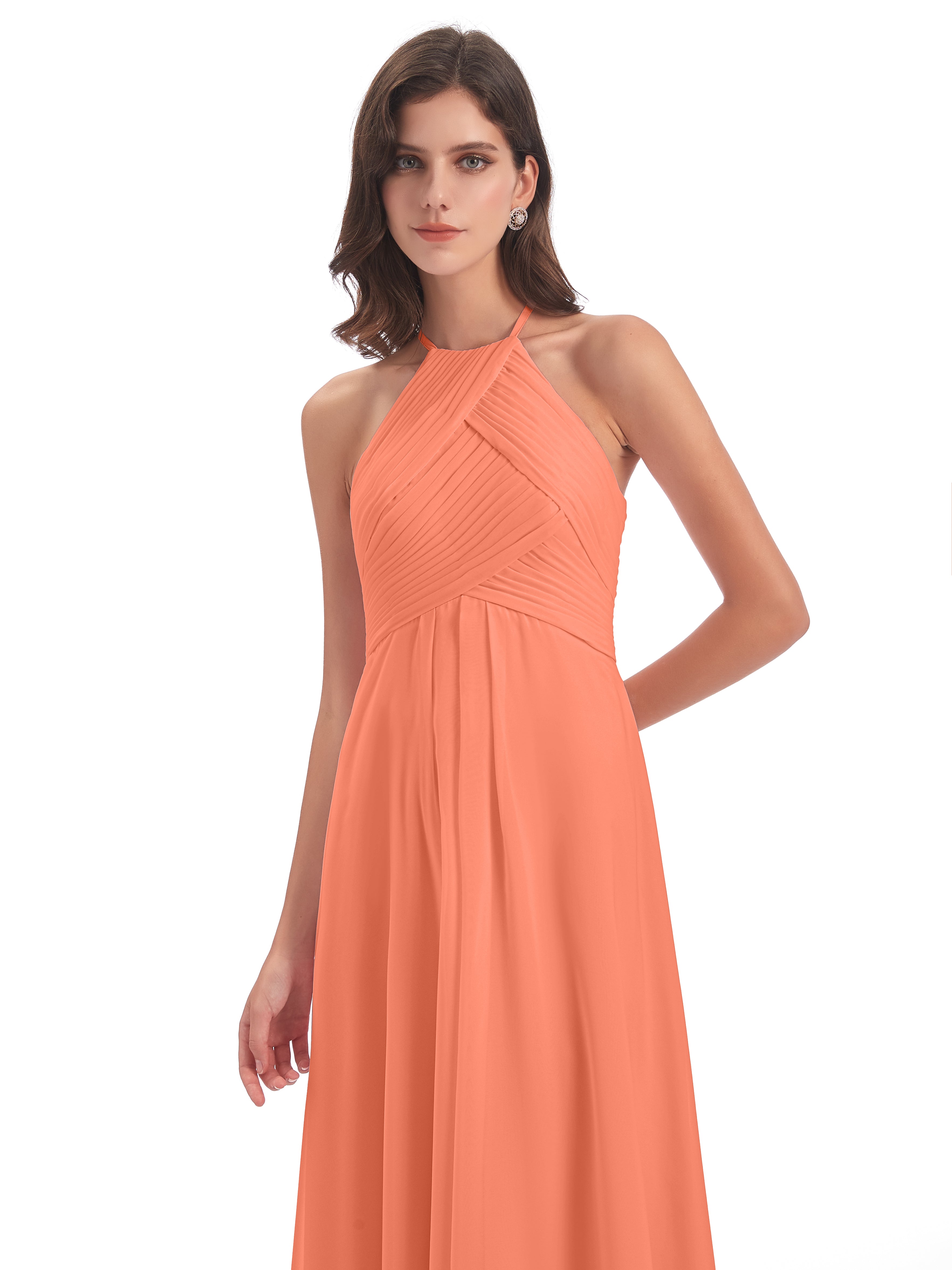 Robes De Demoiselle D'Honneur Coucher De Soleil Licou Dos Ouvert Mousseline Robes Demoiselle D'Honneur