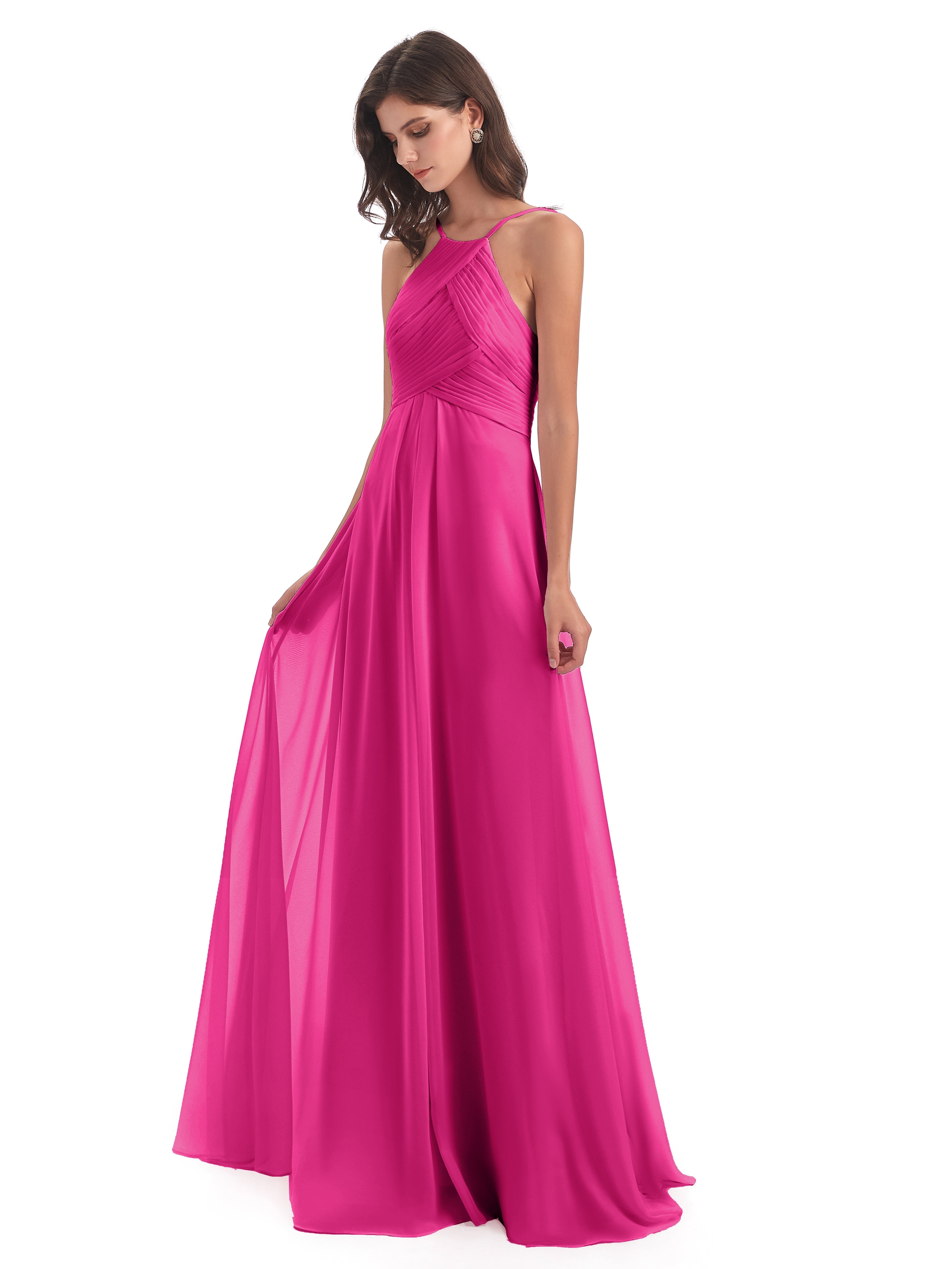 Robes De Demoiselle D'Honneur Couleur Rose Fuchsia Licou Dos Ouvert Mousseline Robes Demoiselle D'Honneur