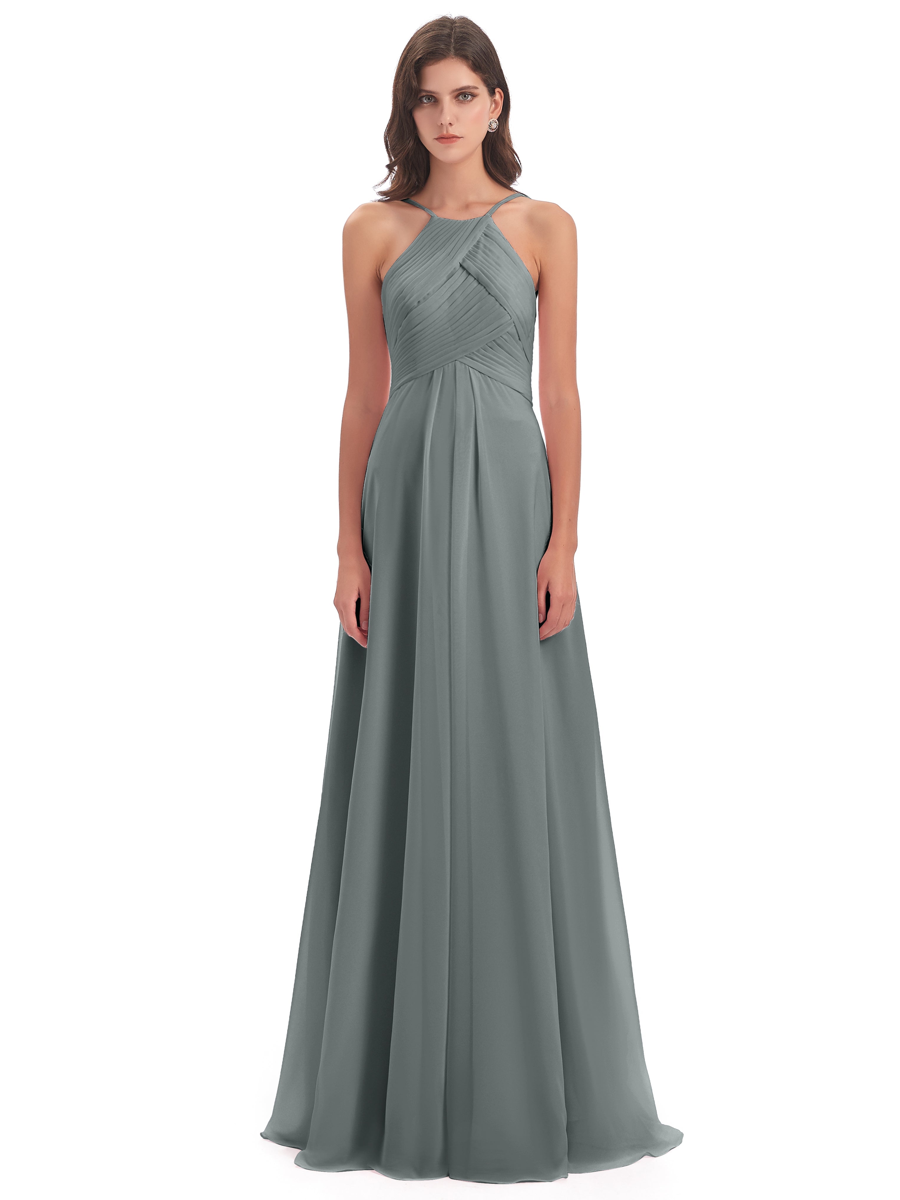 Robes De Demoiselle D'Honneur Gris Argenté Licou Dos Ouvert Mousseline Robes Demoiselle D'Honneur