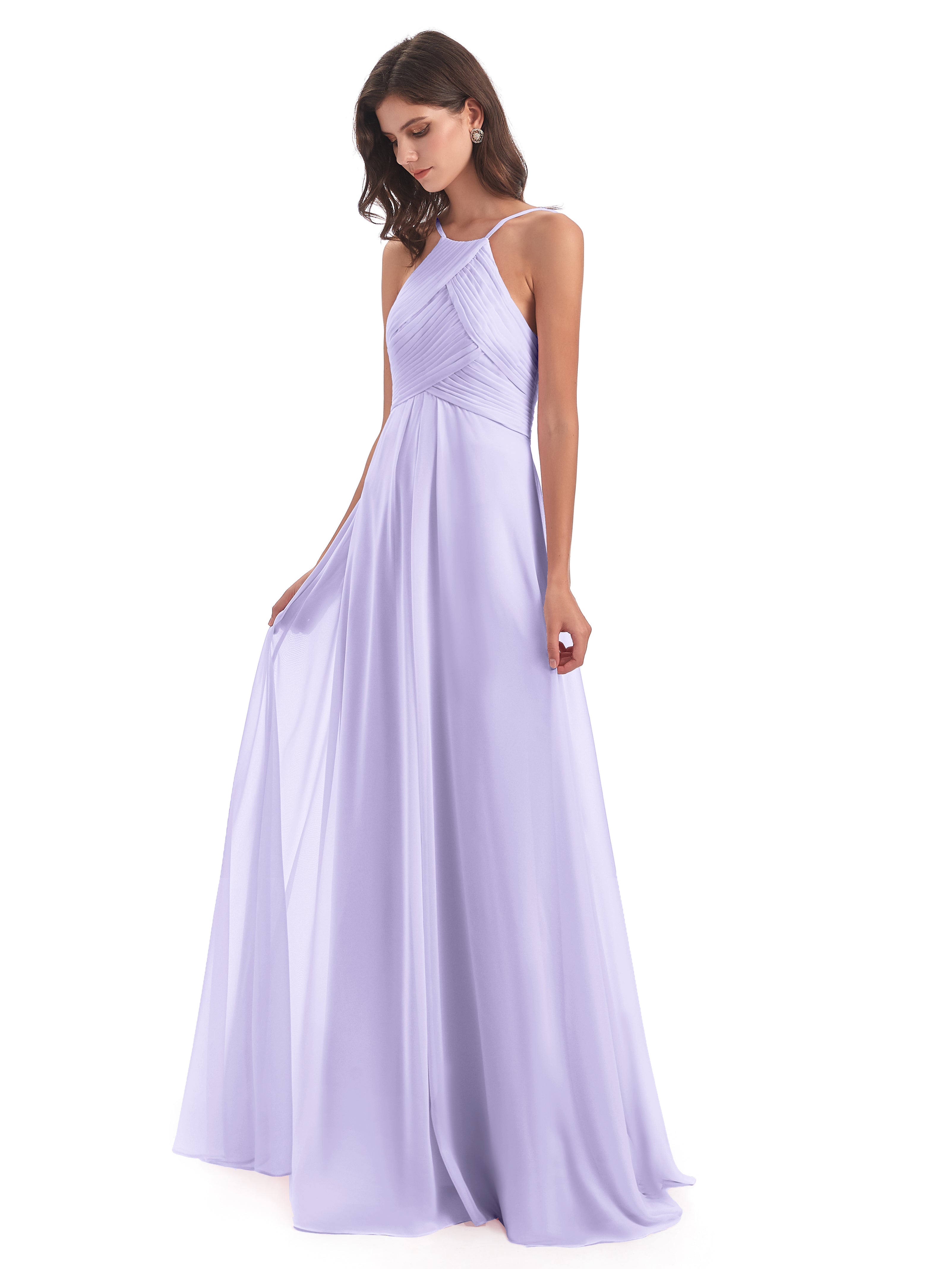 Robes De Demoiselle D'Honneur Lilas Licou Dos Ouvert Mousseline Robes Demoiselle D'Honneur