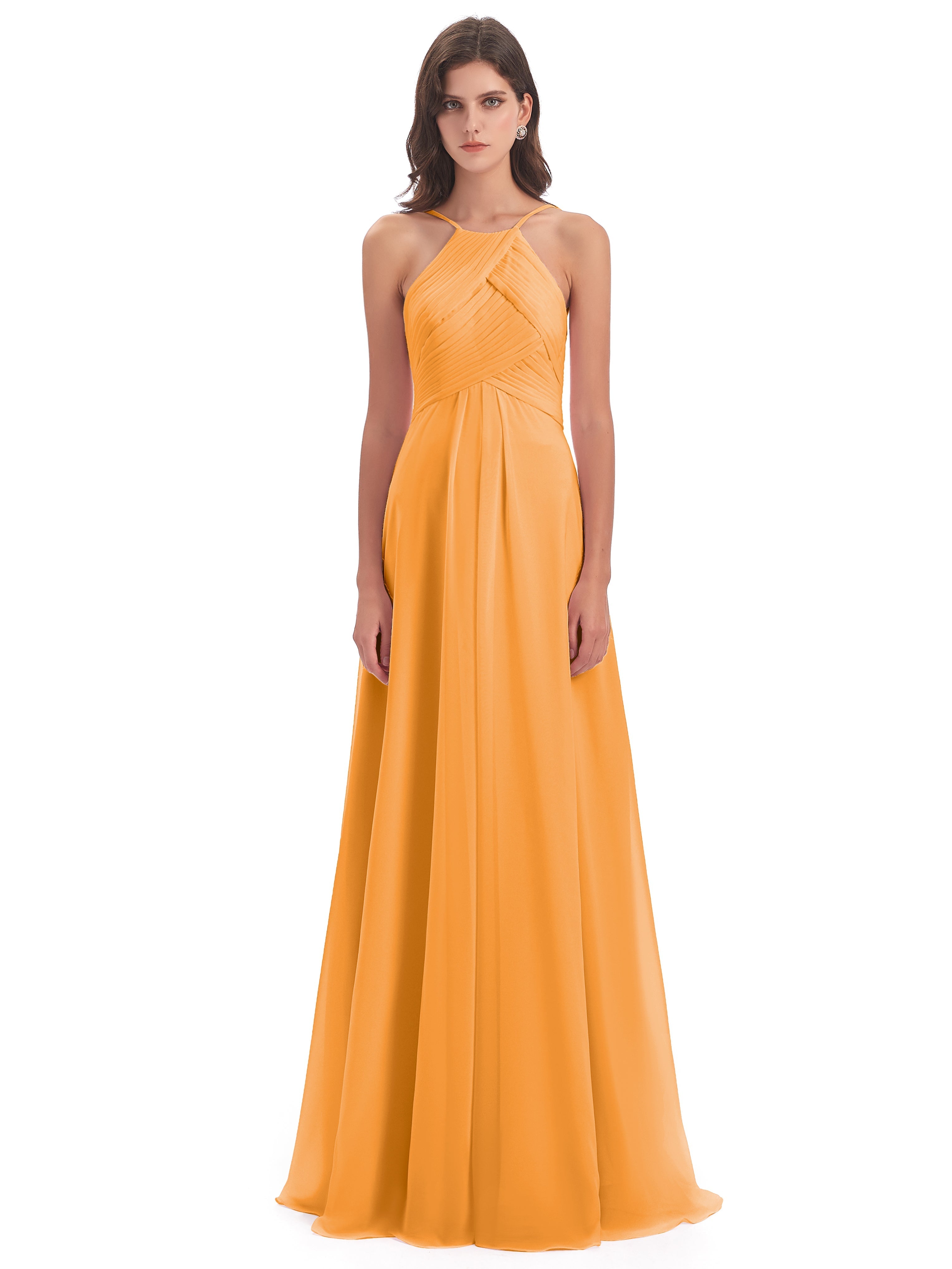 Robes De Demoiselle D'Honneur Mandarine Licou Dos Ouvert Mousseline Robes Demoiselle D'Honneur