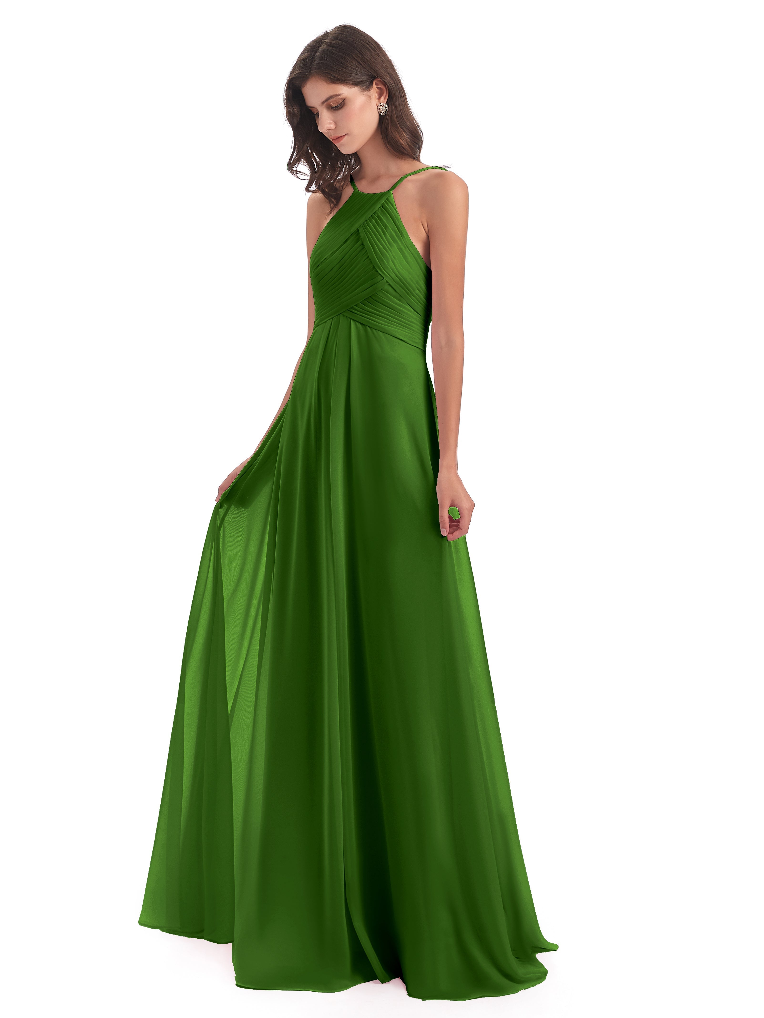 Robes De Demoiselle D'Honneur Vert Mousse Licou Dos Ouvert Mousseline Robes Demoiselle D'Honneur