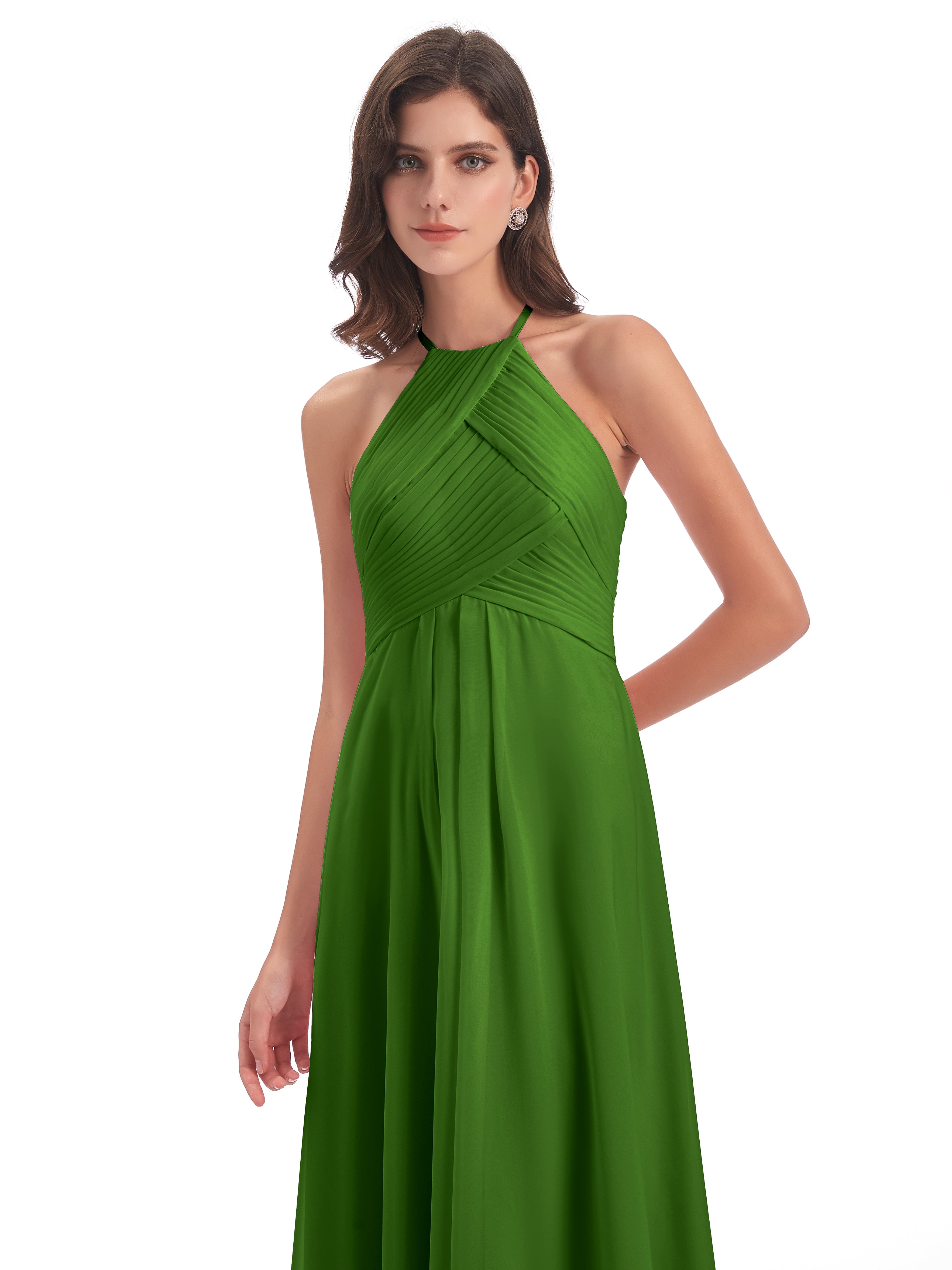 Robes De Demoiselle D'Honneur Vert Mousse Licou Dos Ouvert Mousseline Robes Demoiselle D'Honneur