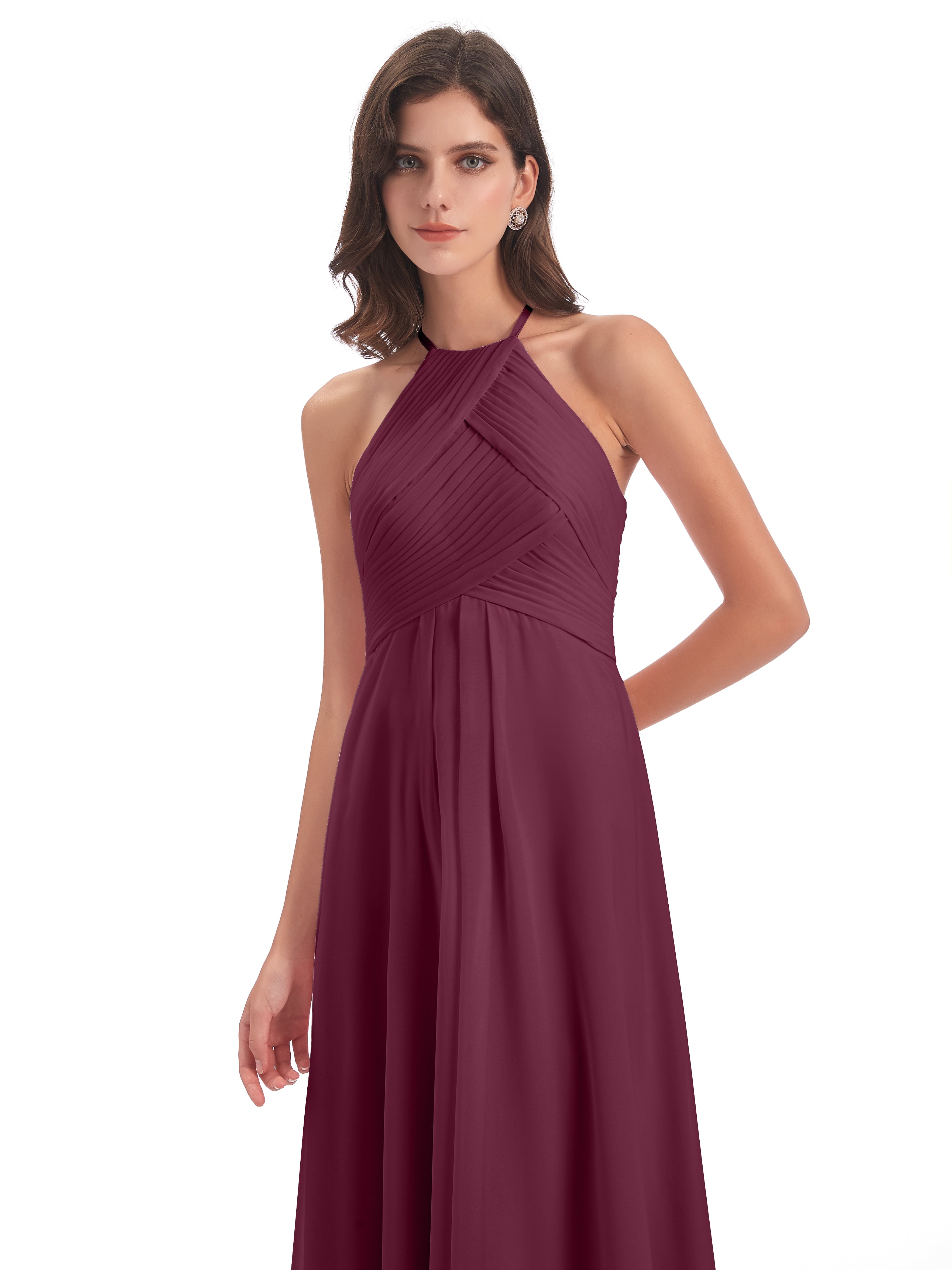 Robes De Demoiselle D'Honneur Mûre Licou Dos Ouvert Mousseline Robes Demoiselle D'Honneur