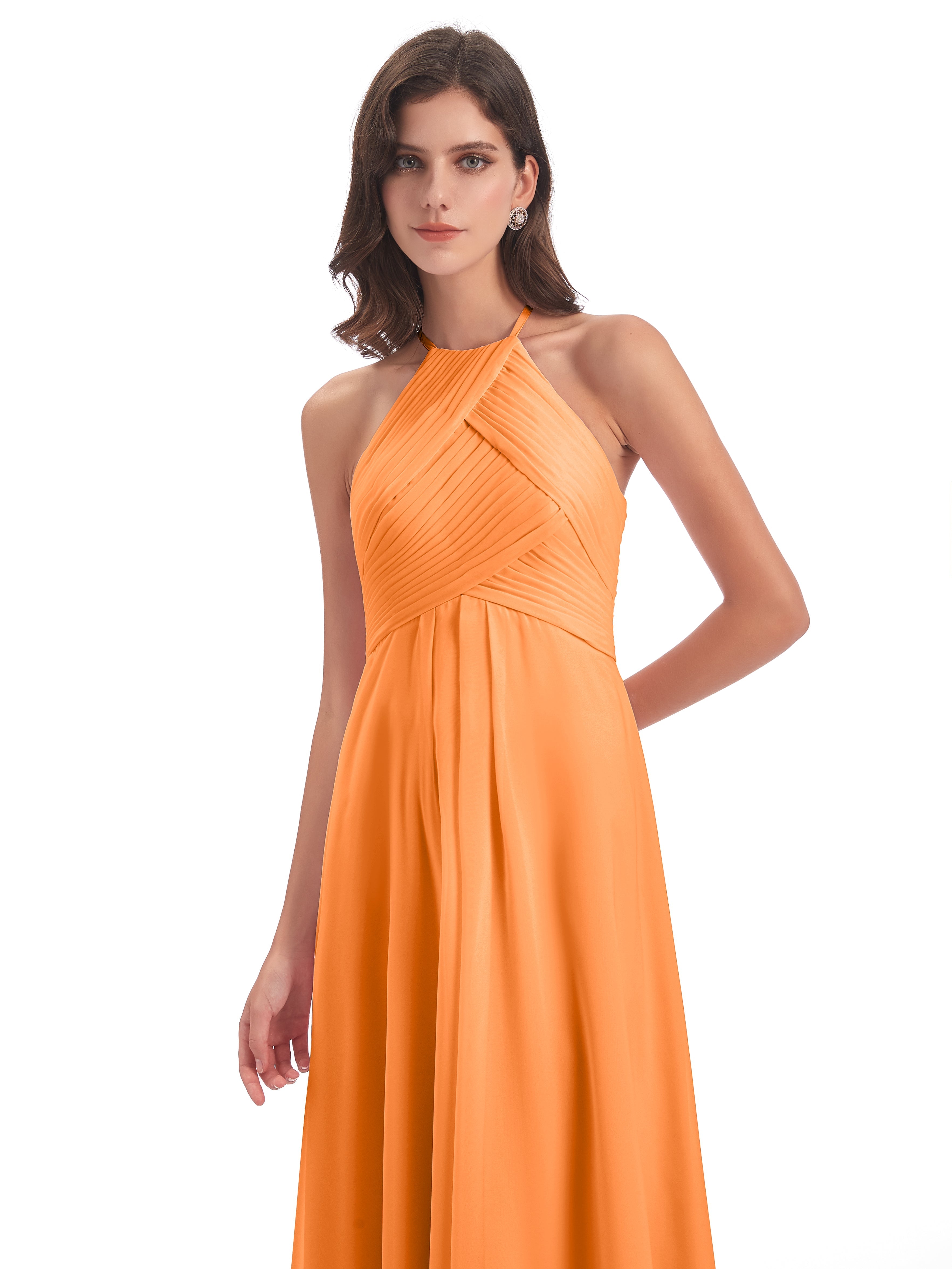 Robe Demoiselle D Honneur Orange Licou Dos Ouvert Mousseline Robes Demoiselle D'Honneur