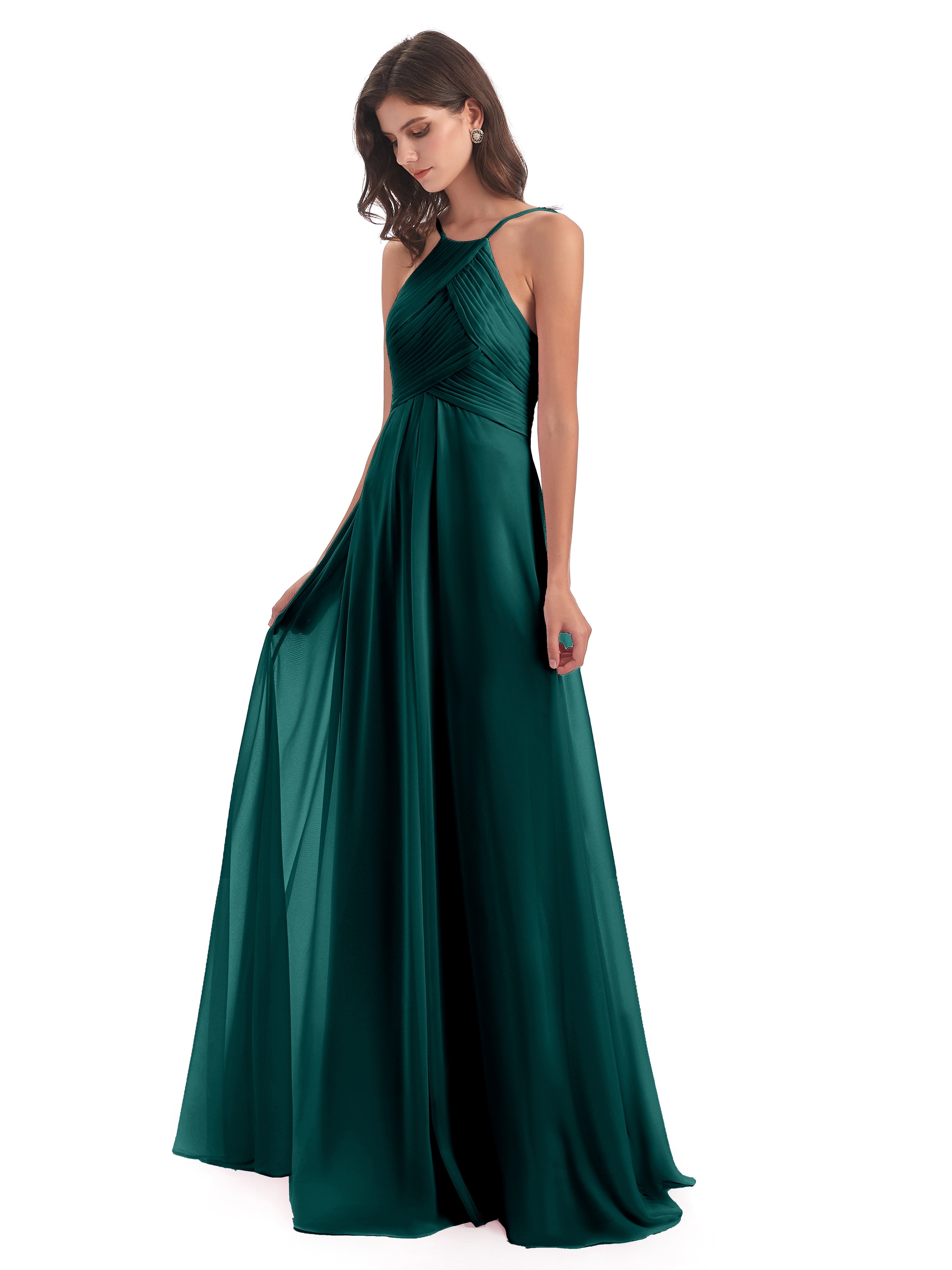 Robe Demoiselle D Honneur Bleu Paon Licou Dos Ouvert Mousseline Robes Demoiselle D'Honneur