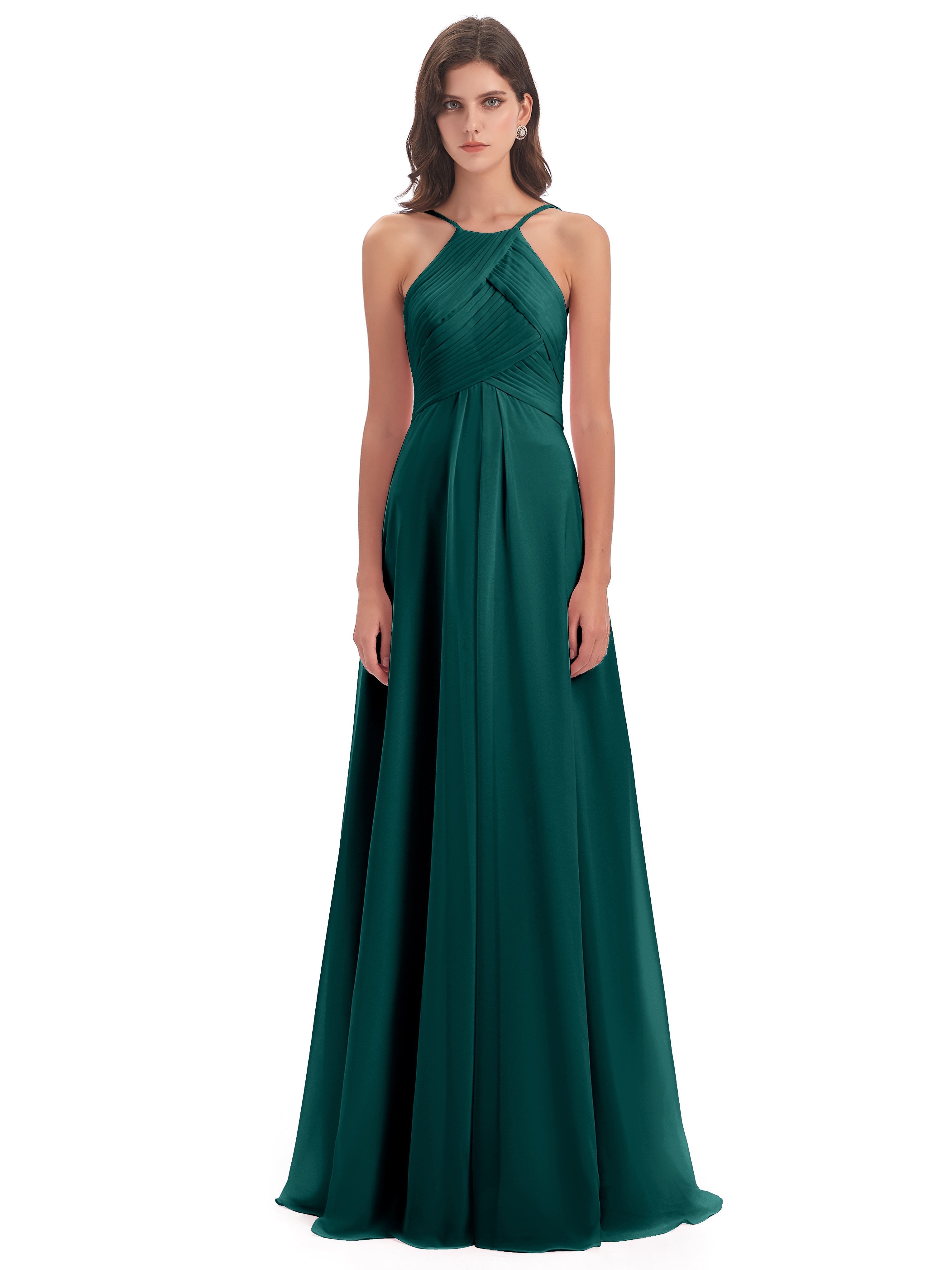 Robe Demoiselle D Honneur Bleu Paon Licou Dos Ouvert Mousseline Robes Demoiselle D'Honneur