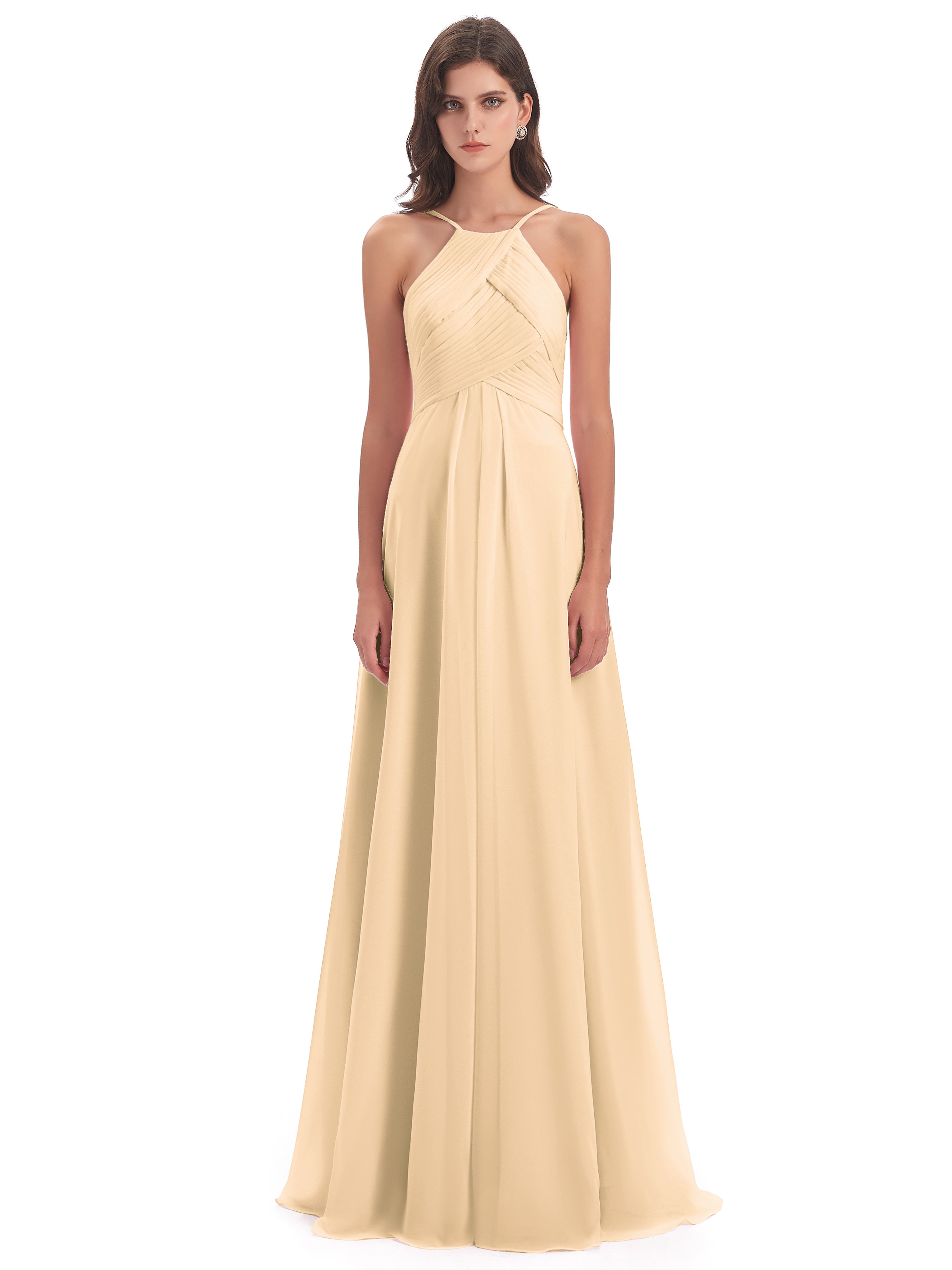 Robes De Demoiselle D'Honneur Pêche Licou Dos Ouvert Mousseline Robes Demoiselle D'Honneur